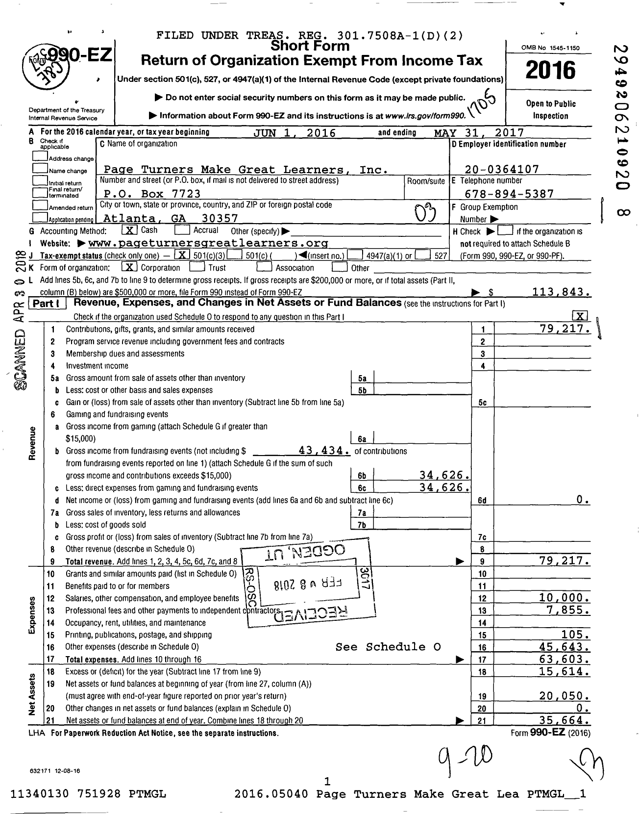 Image of first page of 2016 Form 990EZ for Page Turners Make Great Learners