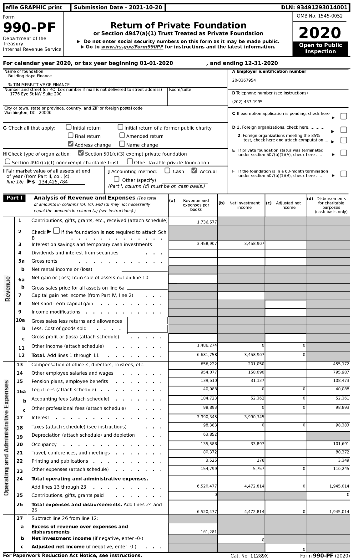Image of first page of 2020 Form 990PF for Building Hope Finance