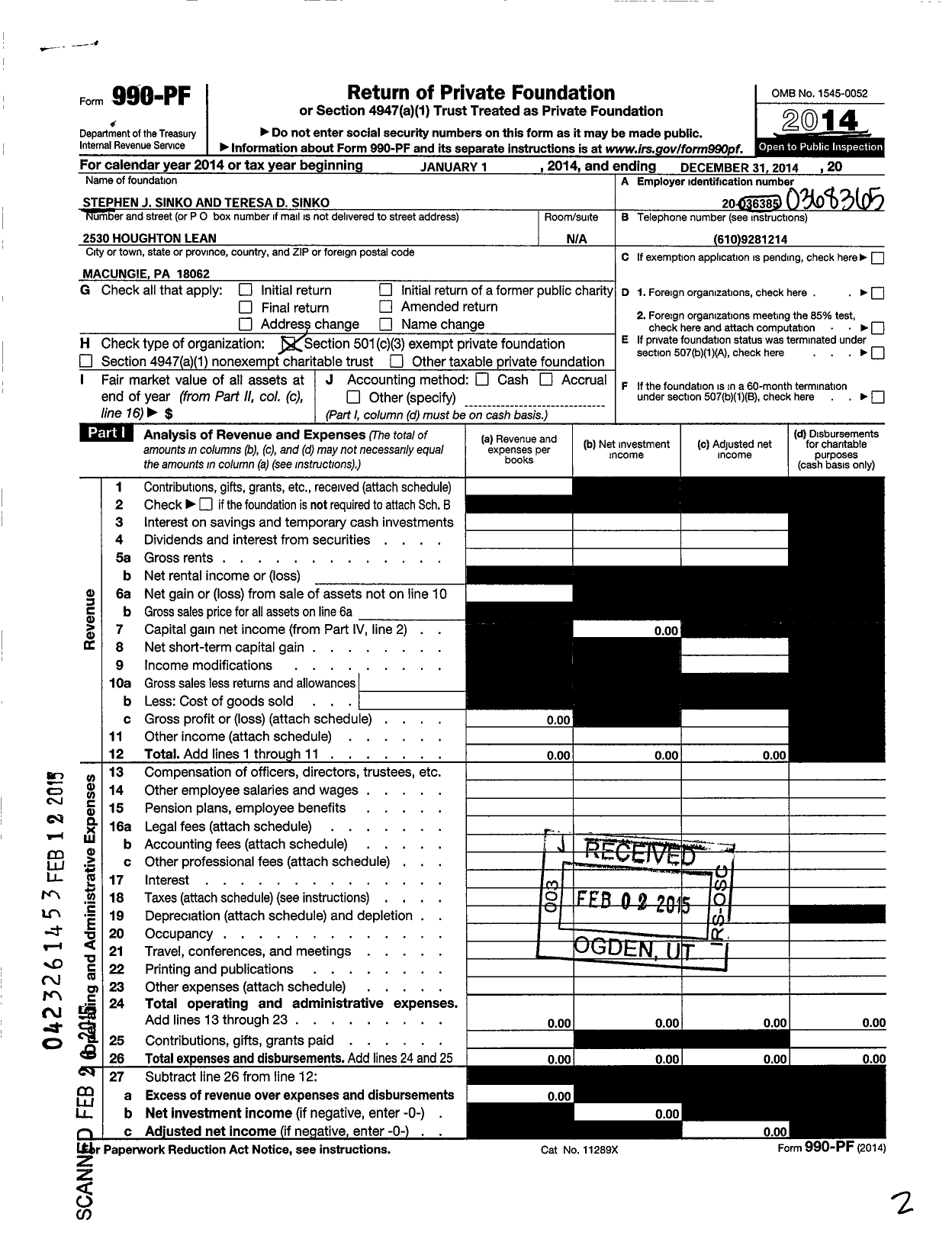 Image of first page of 2014 Form 990PF for Stephen J Sinko and Teresa D Sinko