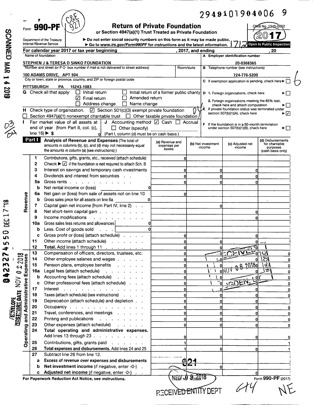 Image of first page of 2017 Form 990PF for Stephen J Sinko and Teresa D Sinko