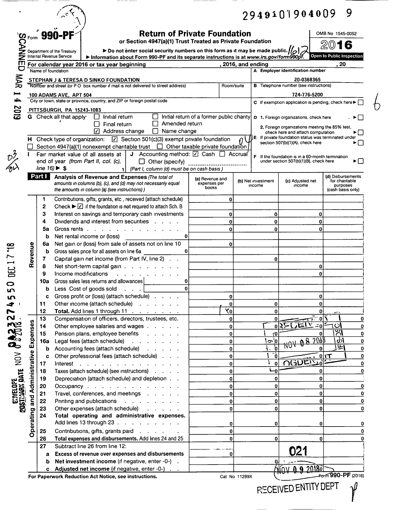 Image of first page of 2016 Form 990PF for Stephen J Sinko and Teresa D Sinko