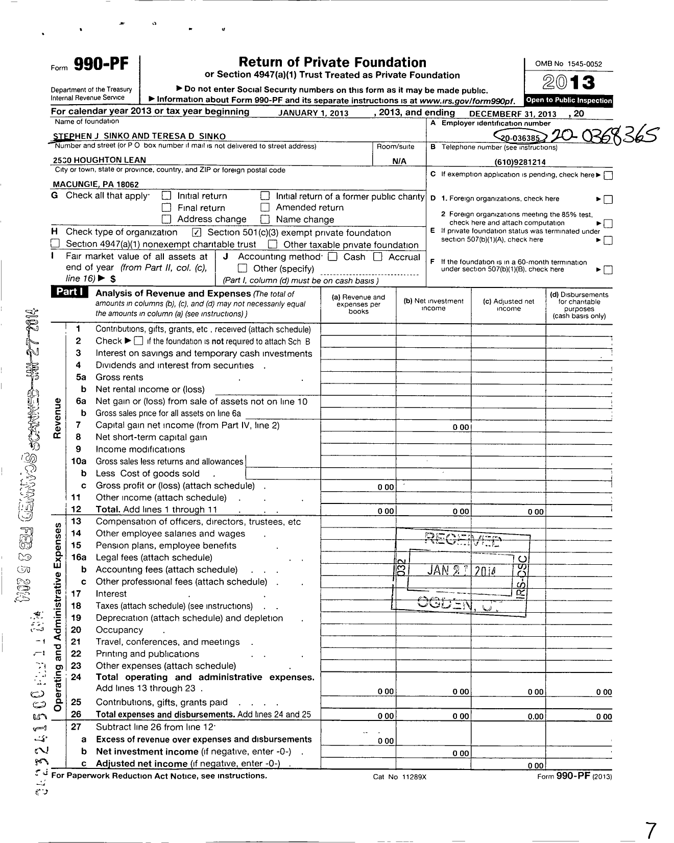 Image of first page of 2013 Form 990PF for Stephen J Sinko and Teresa D Sinko