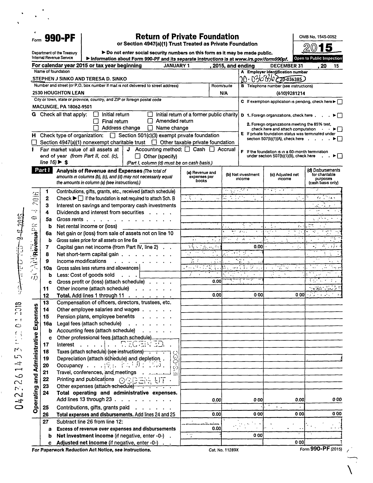 Image of first page of 2015 Form 990PF for Stephen J Sinko and Teresa D Sinko