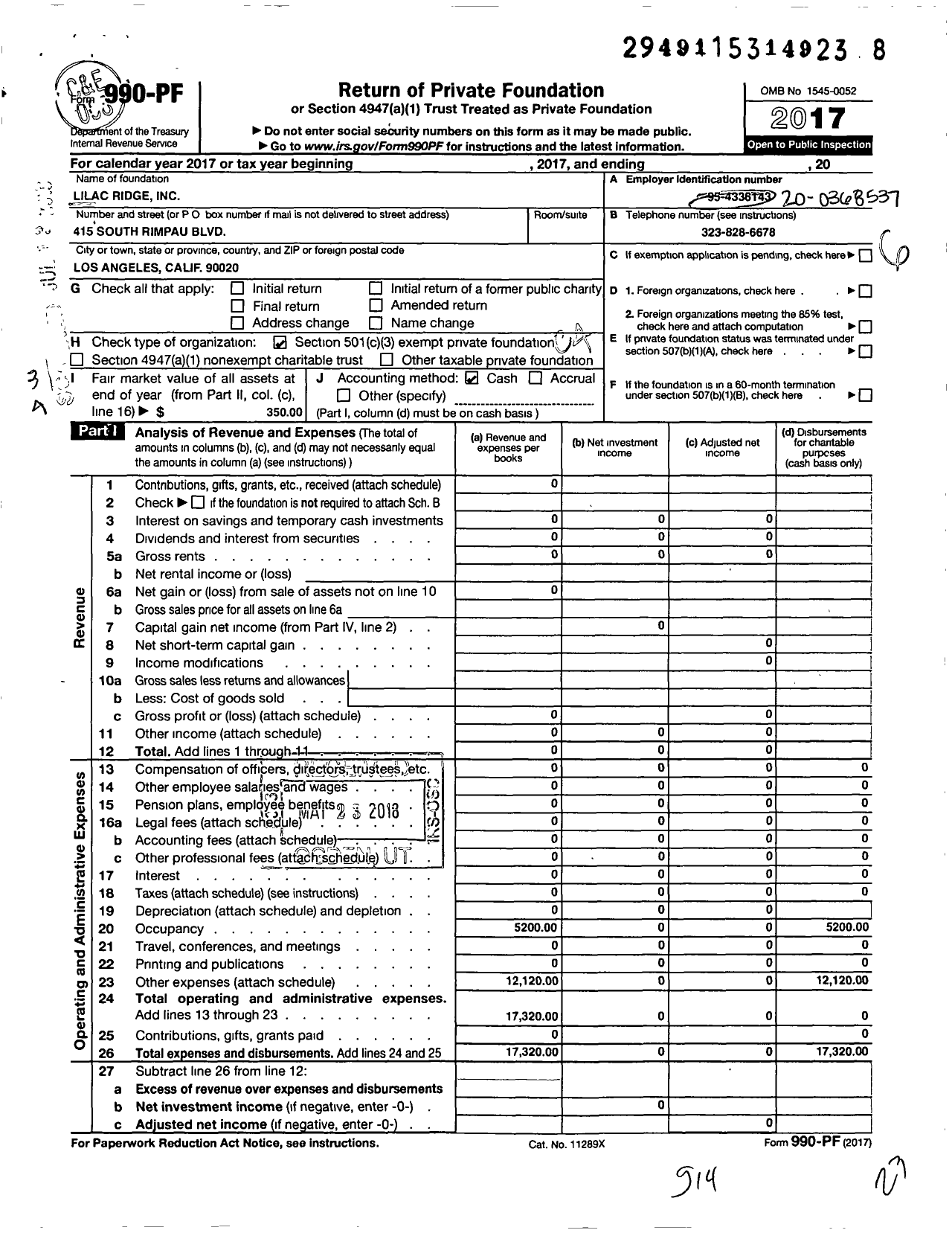 Image of first page of 2017 Form 990PF for Lilac Ridge