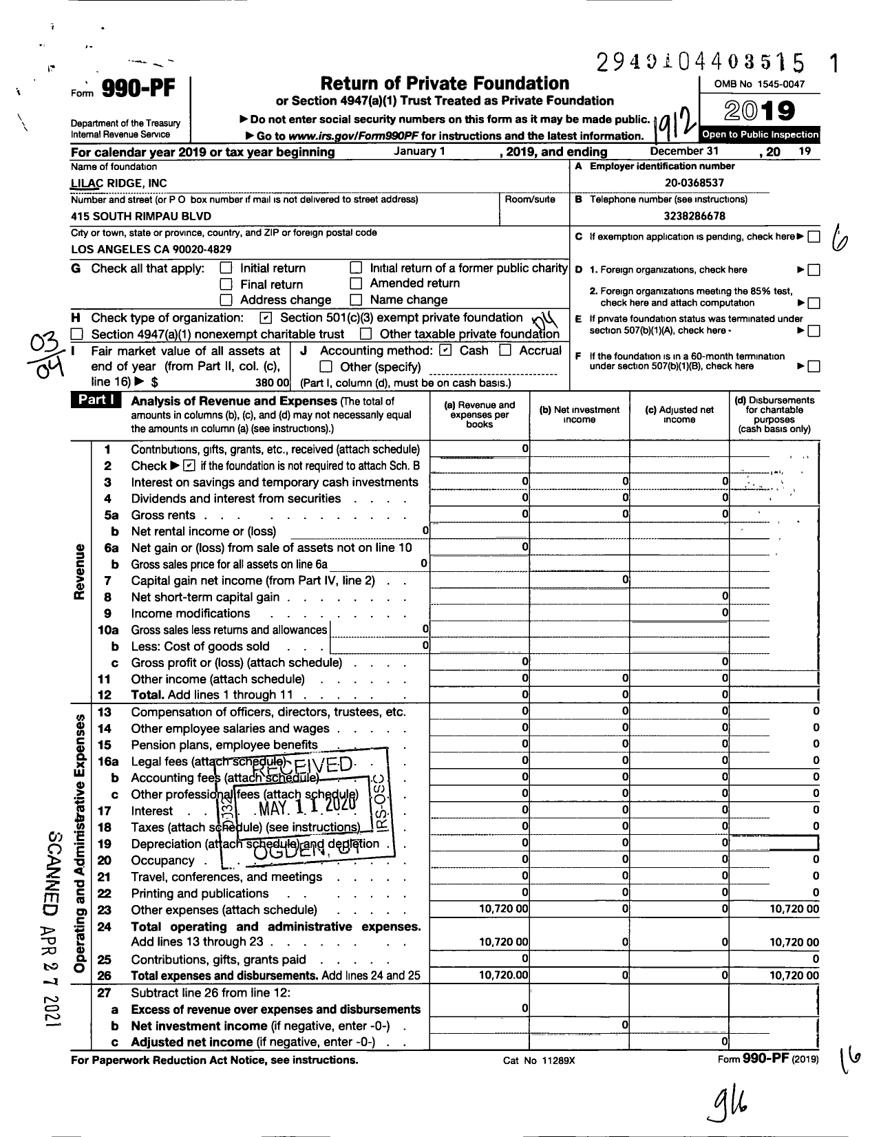 Image of first page of 2019 Form 990PF for Lilac Ridge