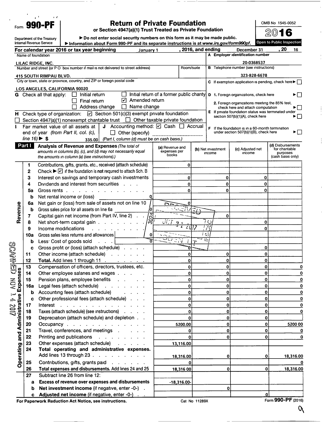 Image of first page of 2016 Form 990PF for Lilac Ridge