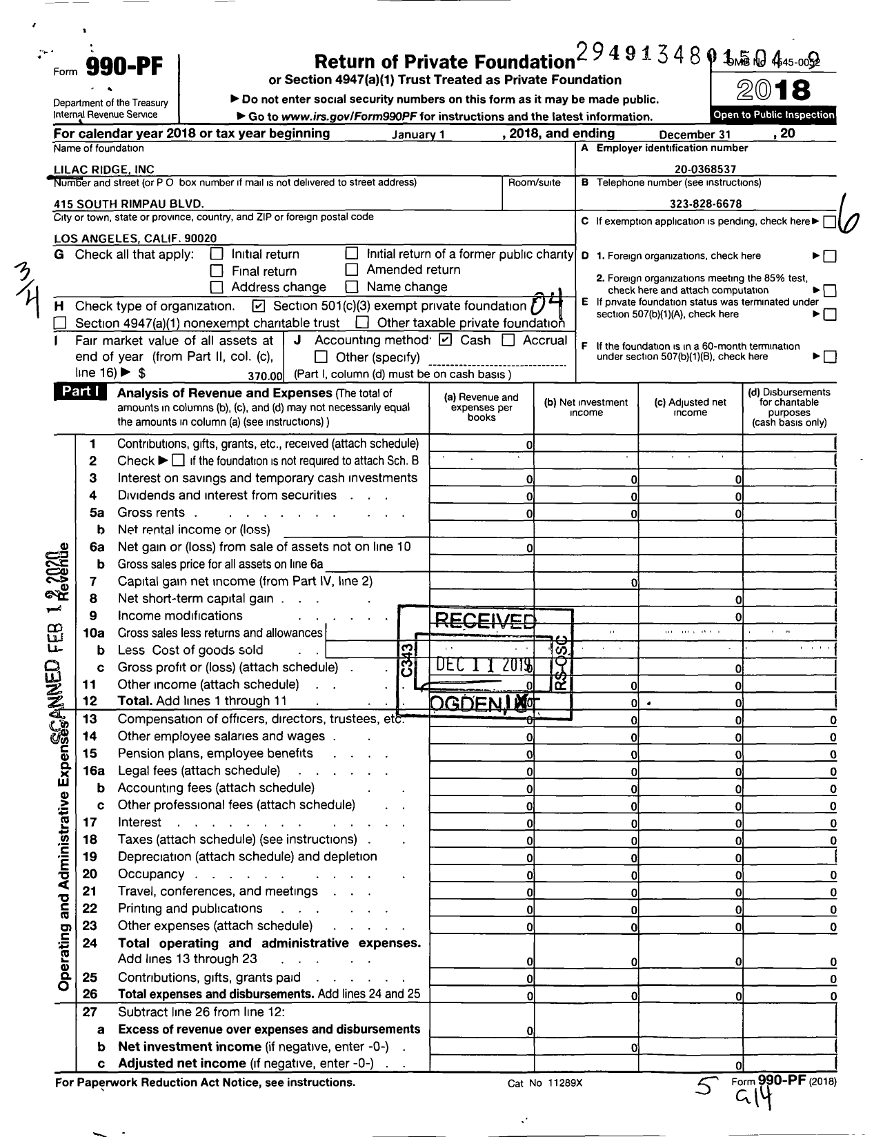 Image of first page of 2018 Form 990PF for Lilac Ridge