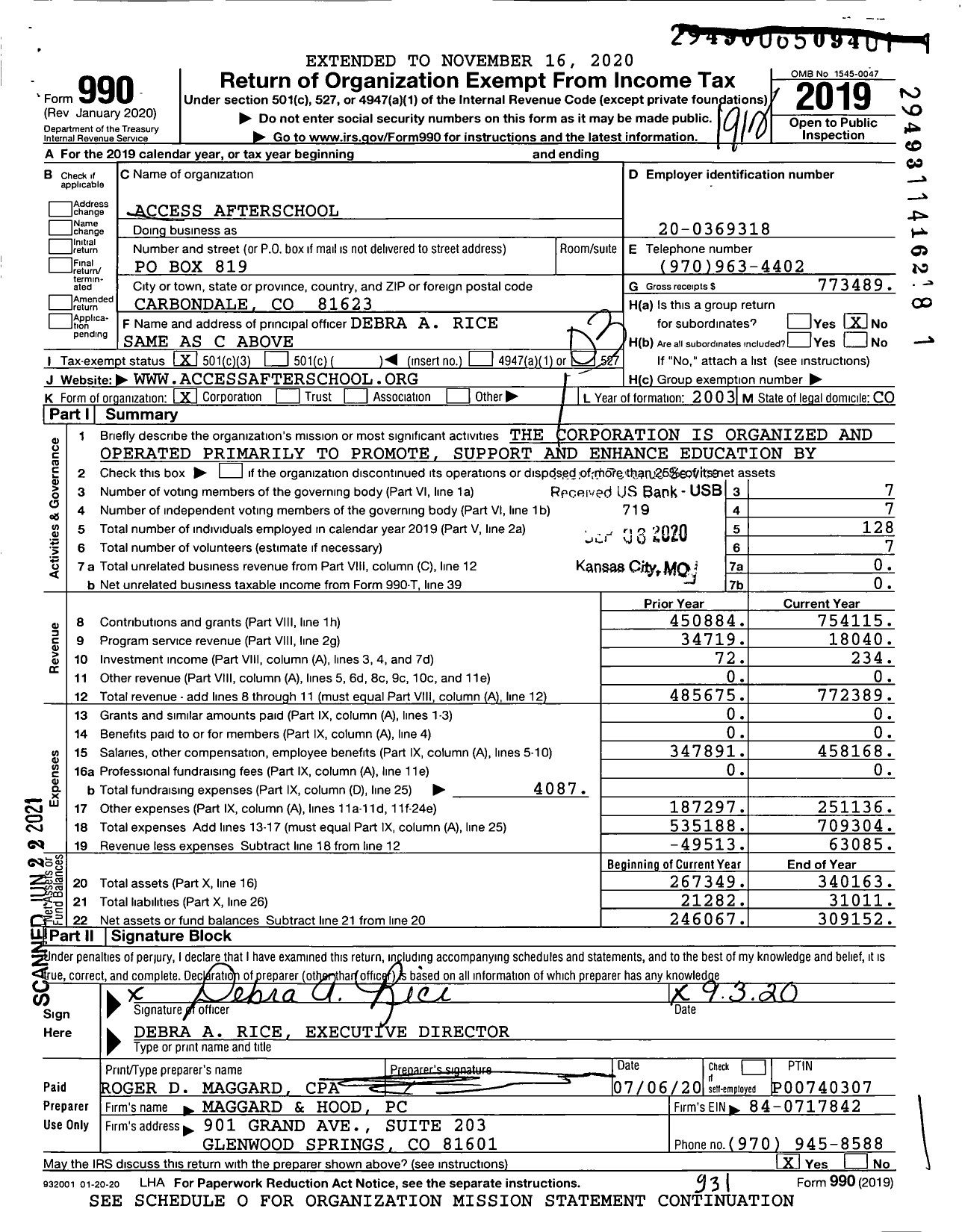 Image of first page of 2019 Form 990 for Access Afterschool