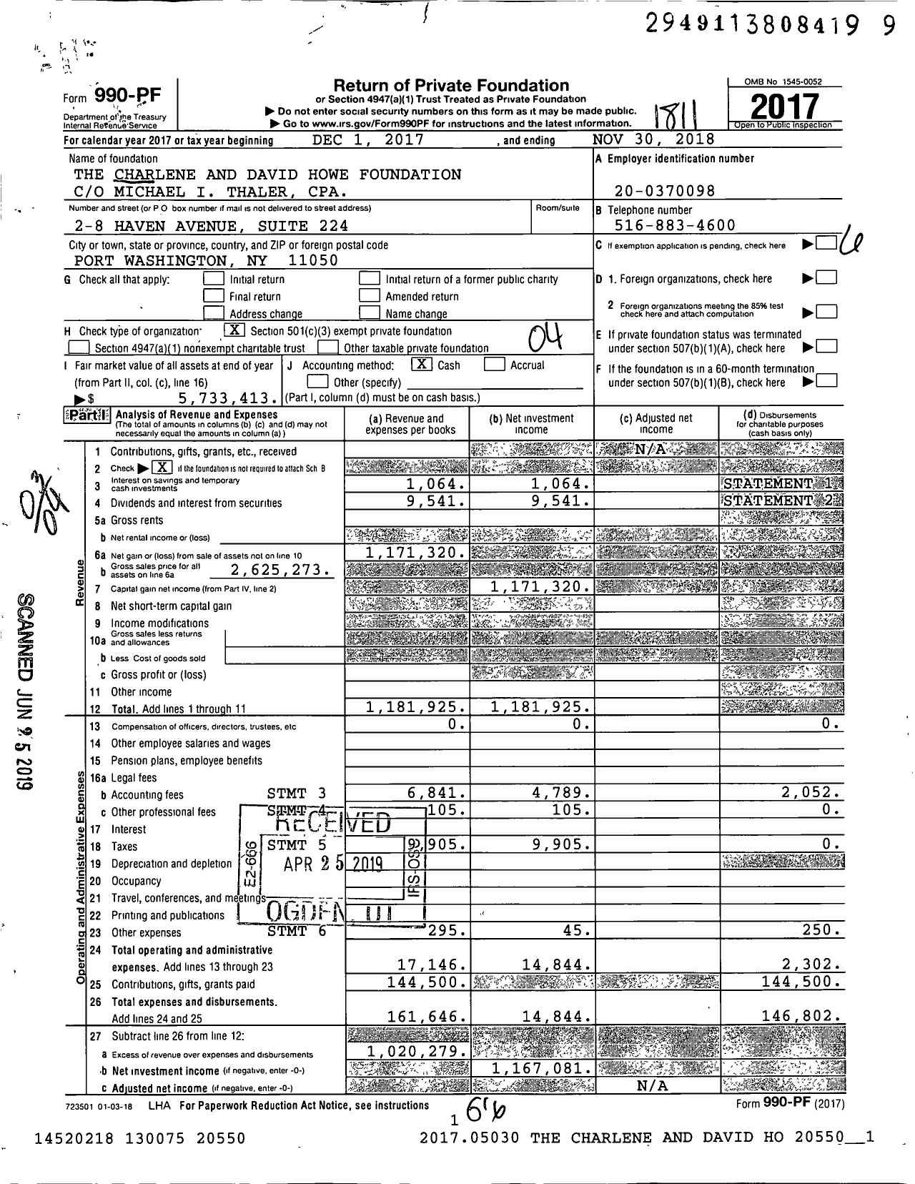 Image of first page of 2017 Form 990PF for The Charlene and David Howe Foundation