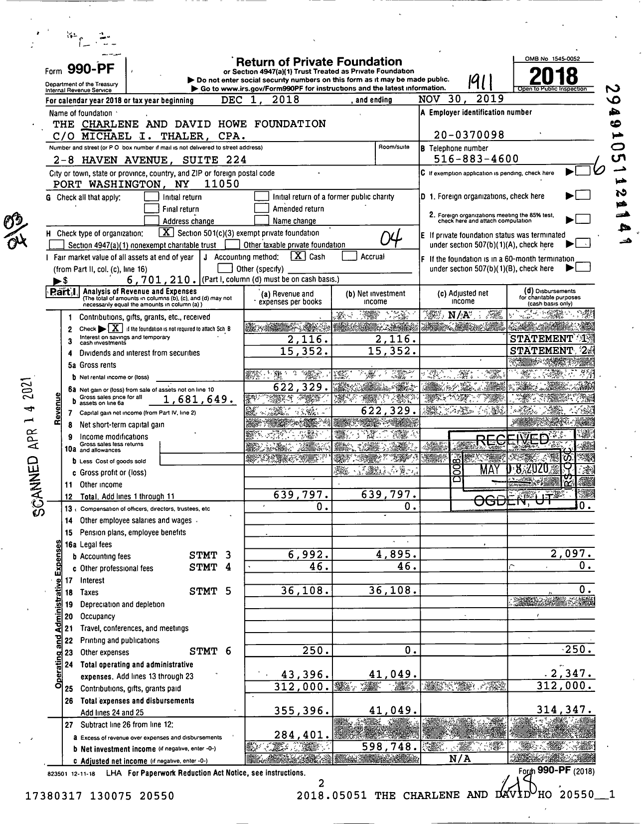 Image of first page of 2018 Form 990PF for The Charlene and David Howe Foundation