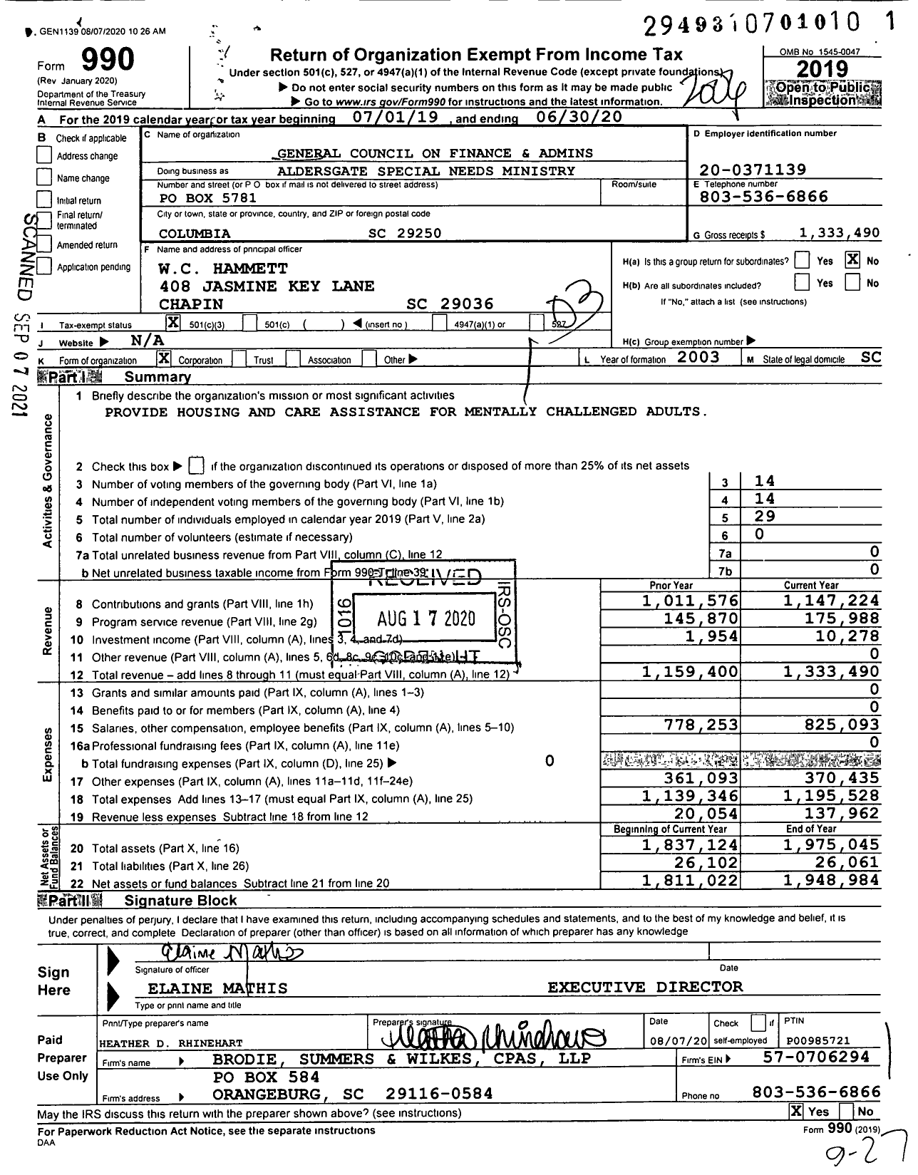 Image of first page of 2019 Form 990 for General Council on Finance and Admins Aldersgate Special Needs Ministry