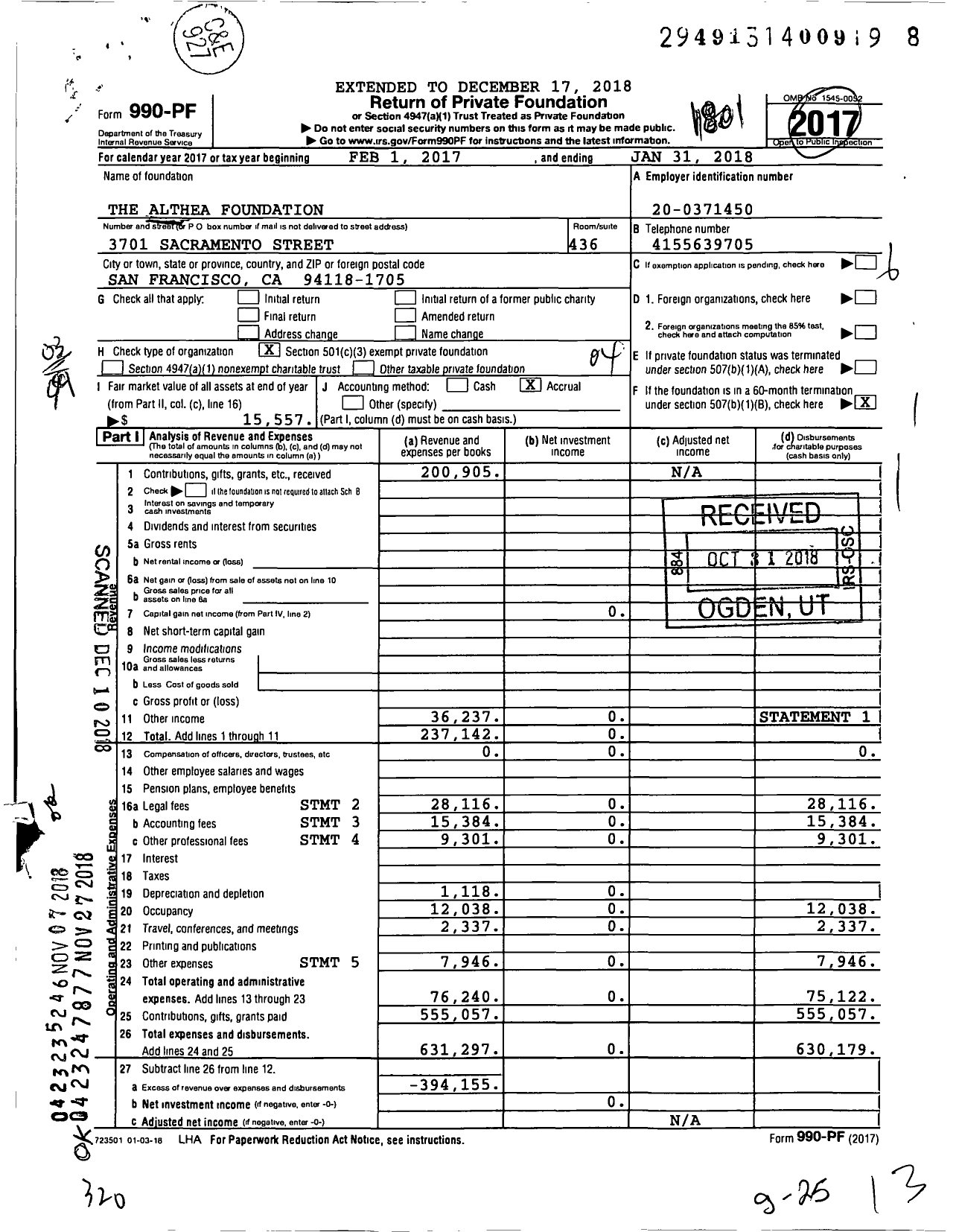 Image of first page of 2017 Form 990PF for The Althea Foundation