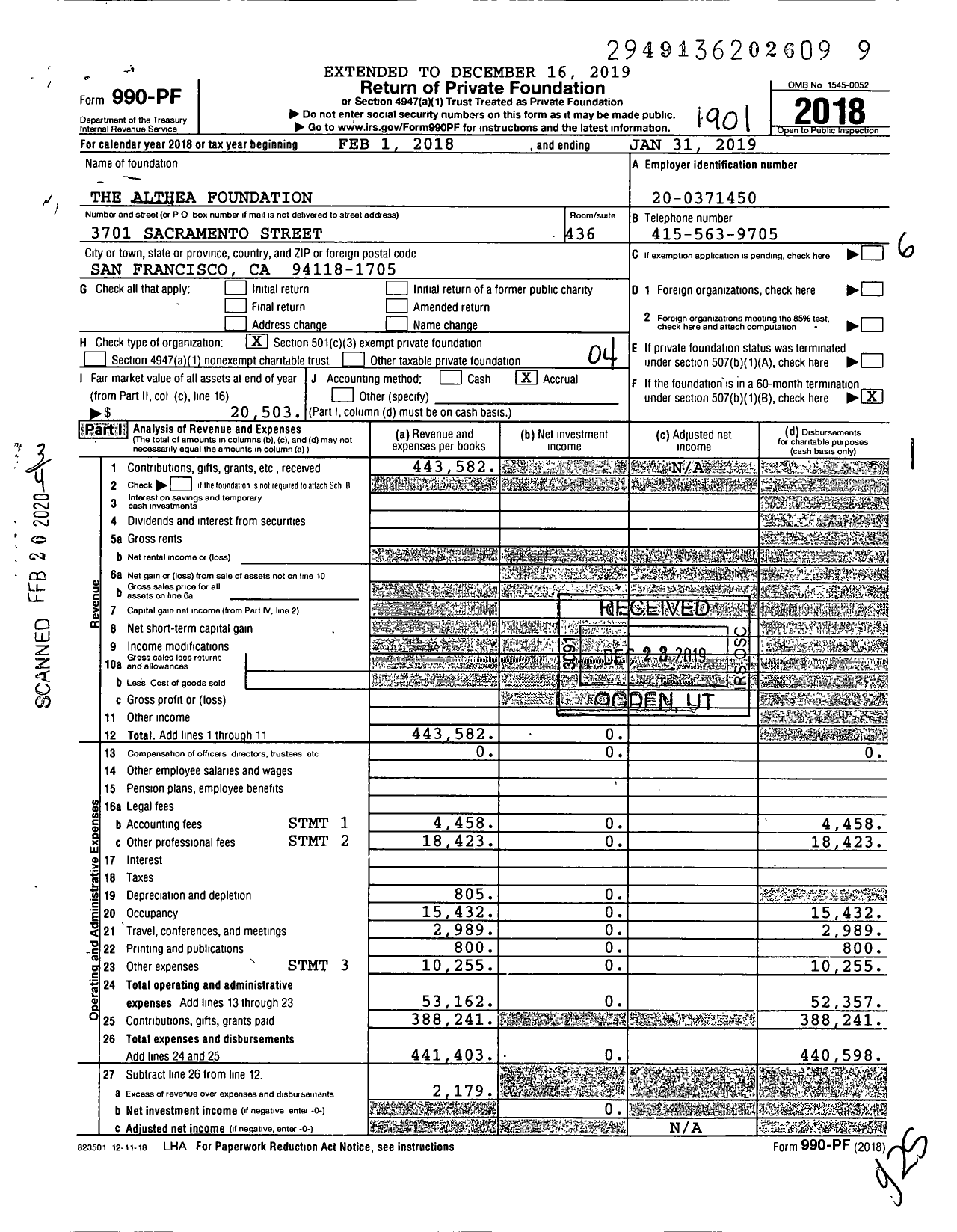 Image of first page of 2018 Form 990PF for The Althea Foundation