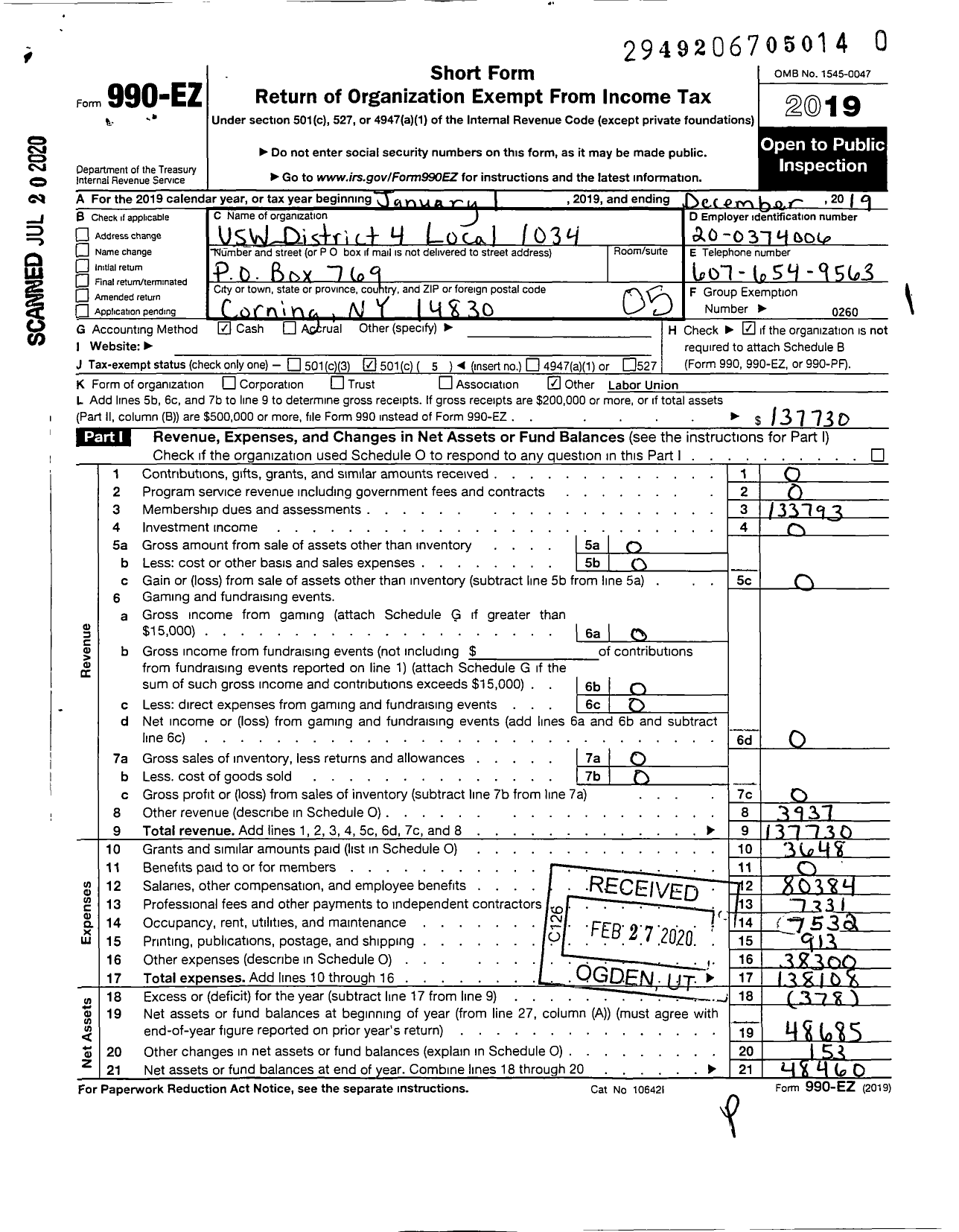 Image of first page of 2019 Form 990EO for United Steelworkers - 1034T Local District 4