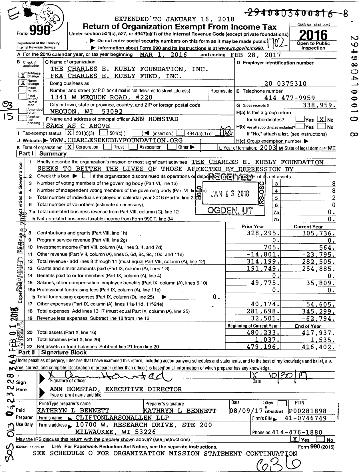 Image of first page of 2016 Form 990 for The Charles E Kubly Foundation