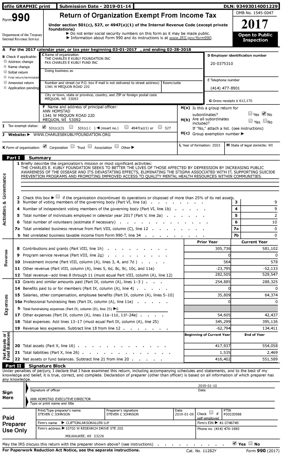 Image of first page of 2017 Form 990 for The Charles E Kubly Foundation