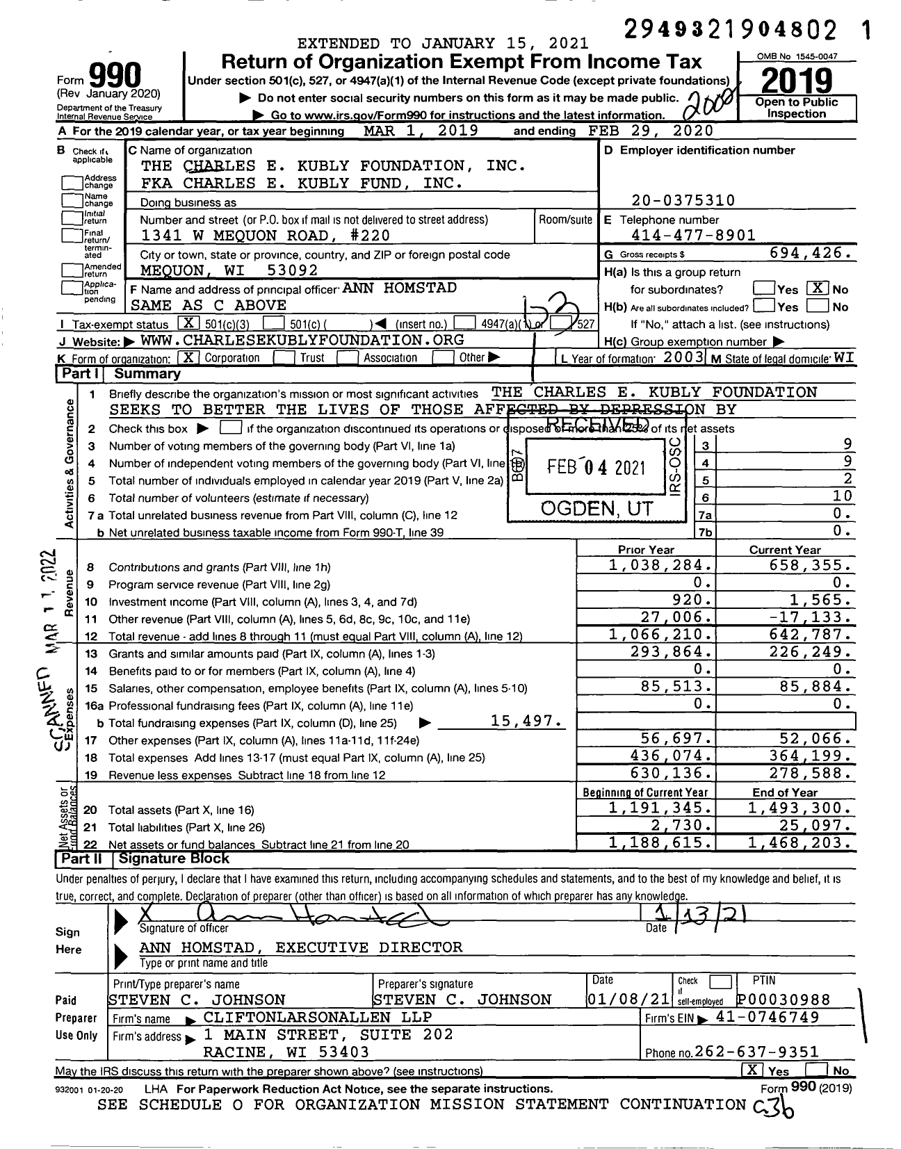 Image of first page of 2019 Form 990 for The Charles E Kubly Foundation