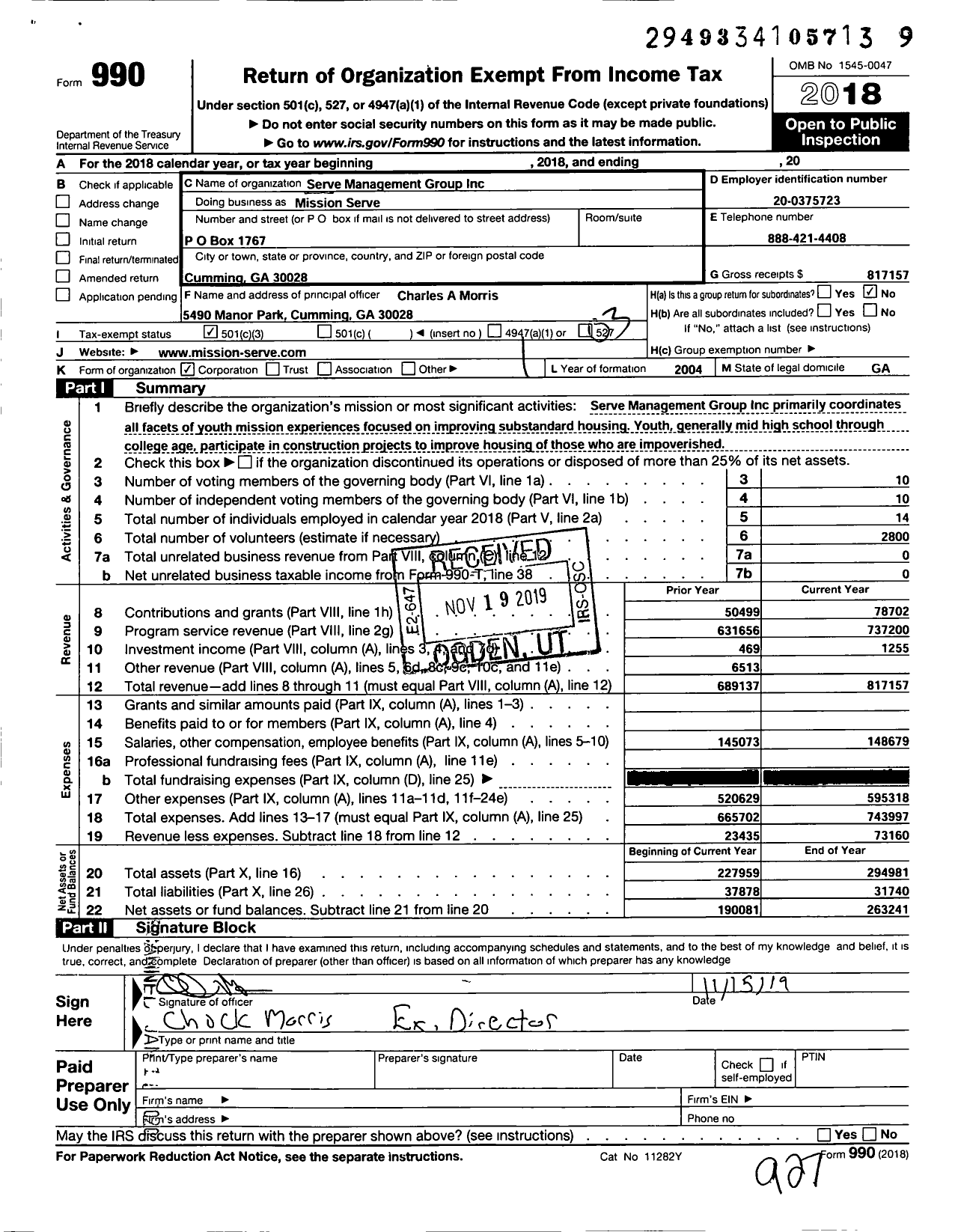 Image of first page of 2018 Form 990 for Mission Serve