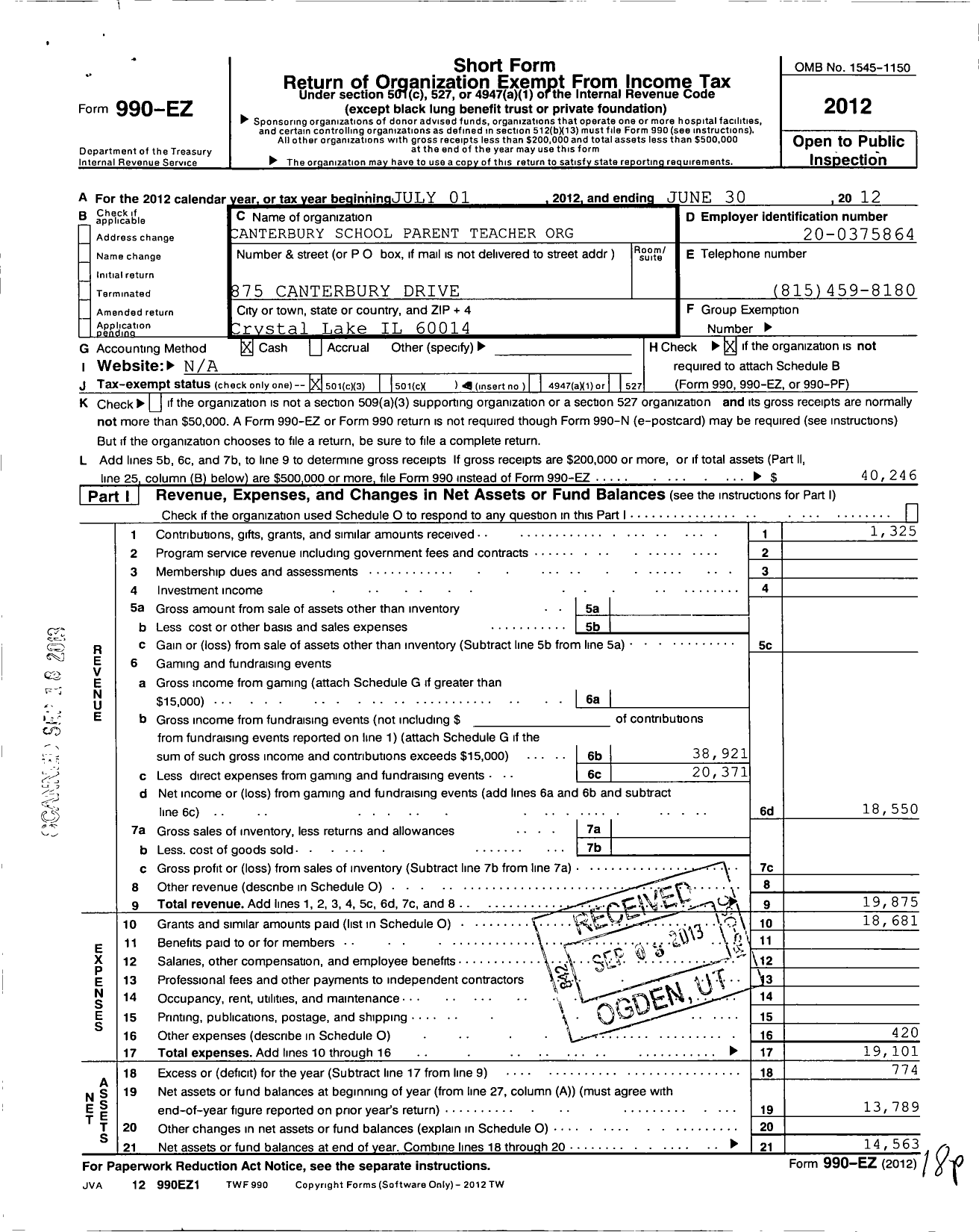 Image of first page of 2011 Form 990EZ for Canterbury School Parent Teacher Organization