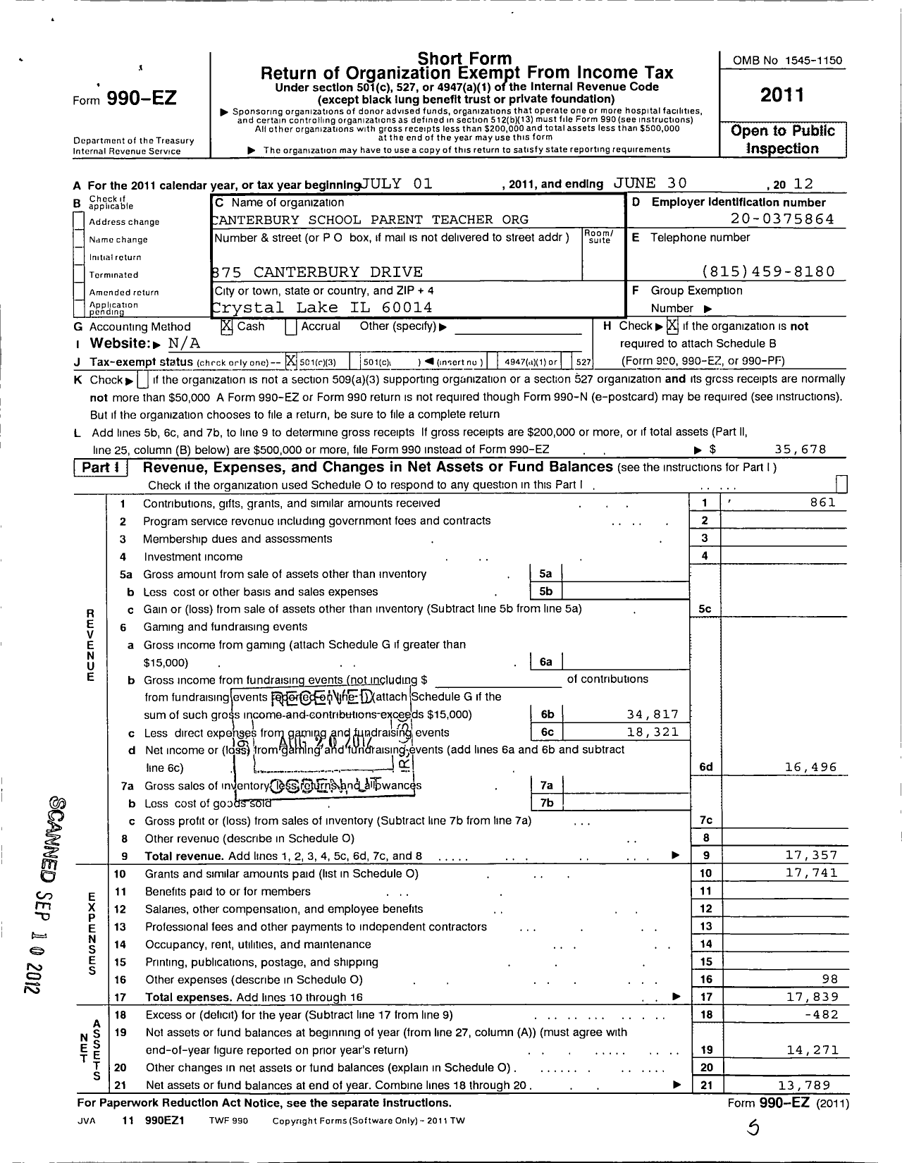 Image of first page of 2011 Form 990EZ for Canterbury School Parent Teacher Organization