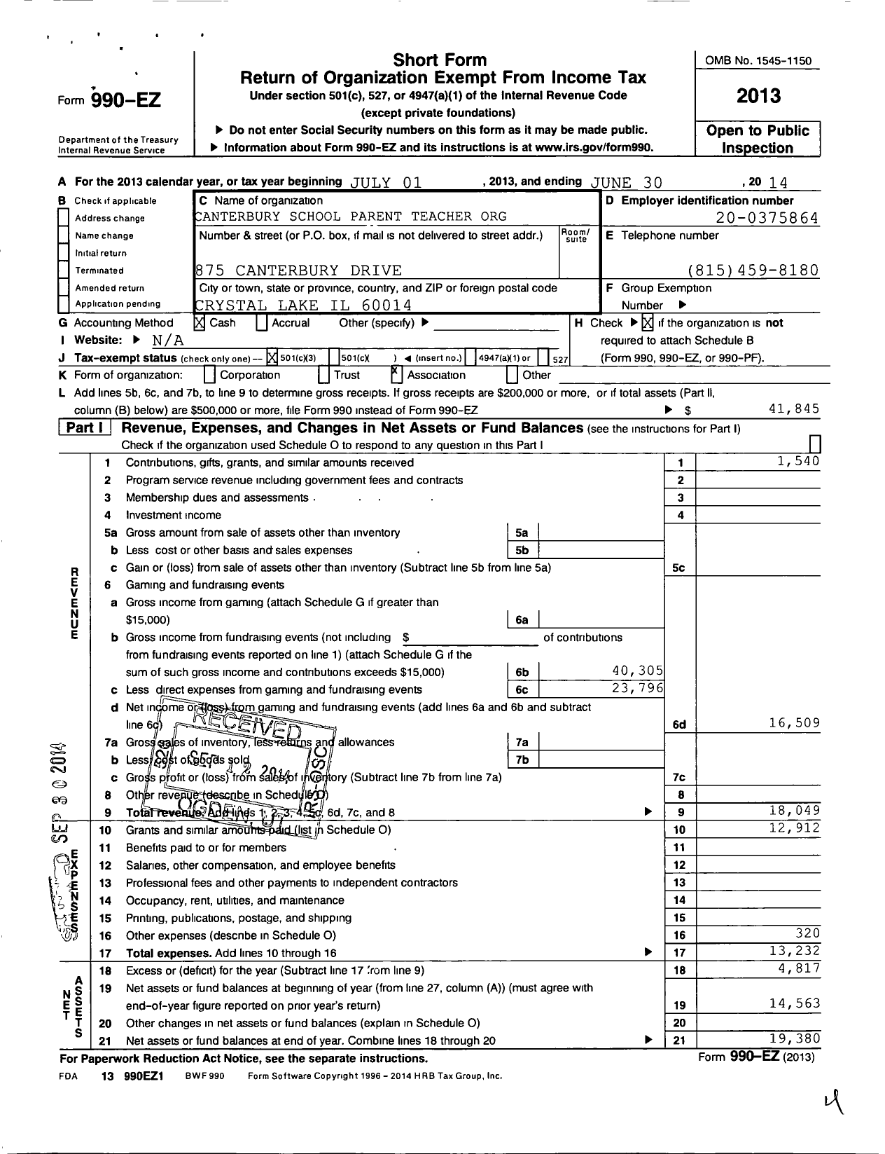 Image of first page of 2013 Form 990EZ for Canterbury School Parent Teacher Organization