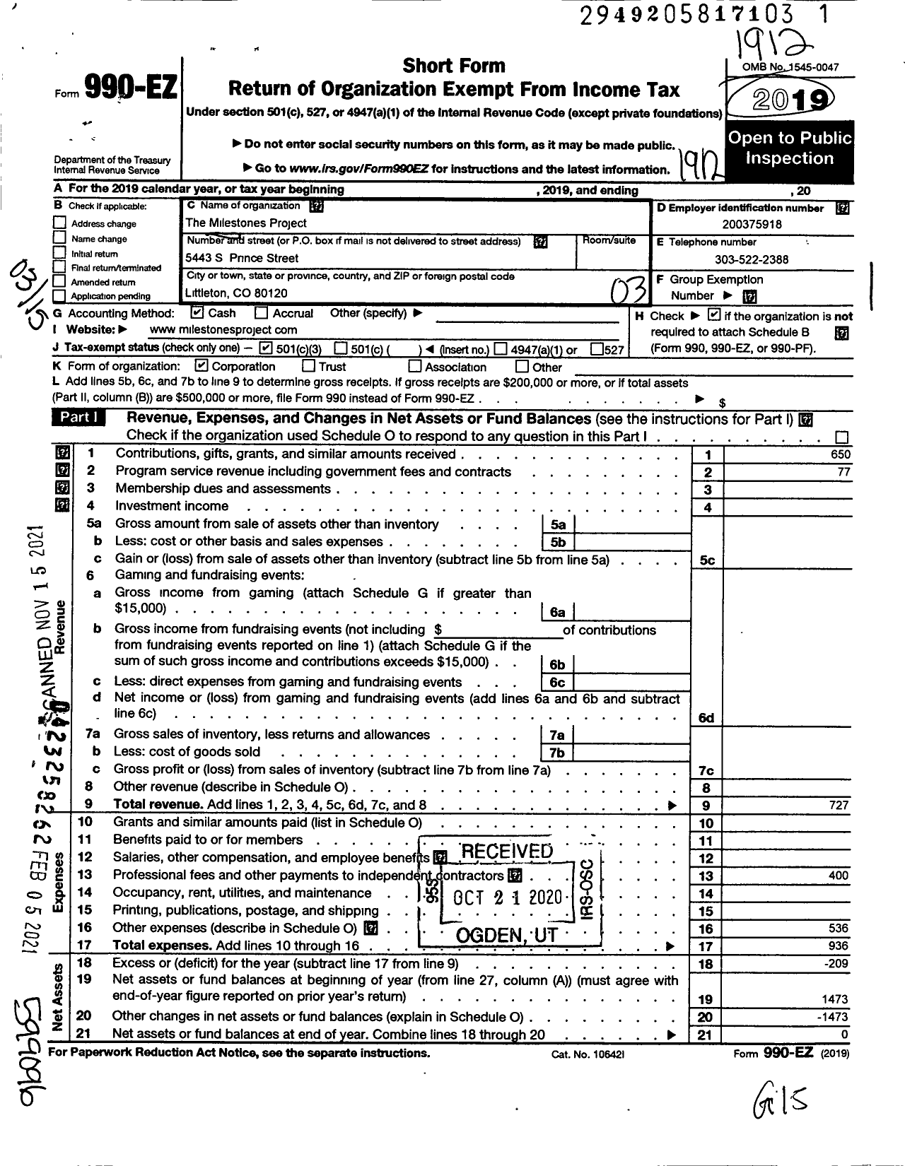 Image of first page of 2019 Form 990EZ for Milestones Project