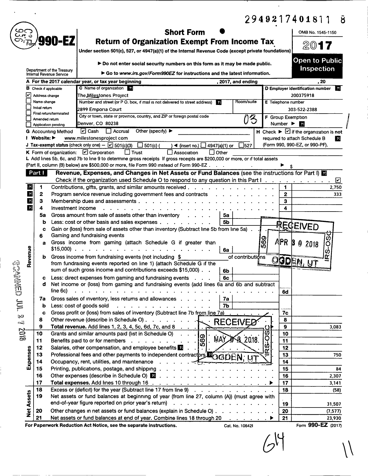 Image of first page of 2017 Form 990EZ for Milestones Project