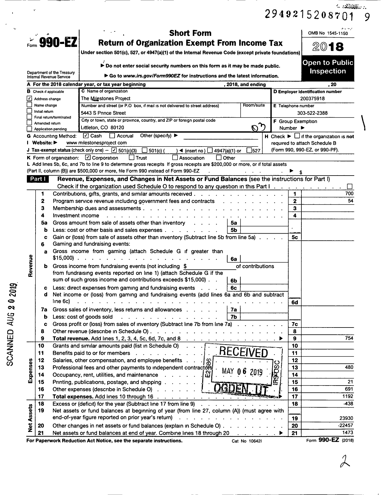 Image of first page of 2018 Form 990EZ for Milestones Project