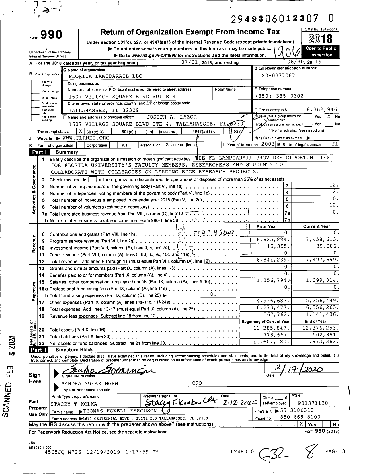 Image of first page of 2018 Form 990 for Florida LambdaRail