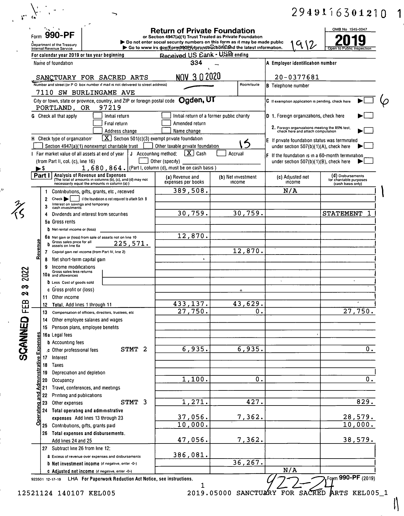 Image of first page of 2019 Form 990PF for Sanctuary for Sacred Arts