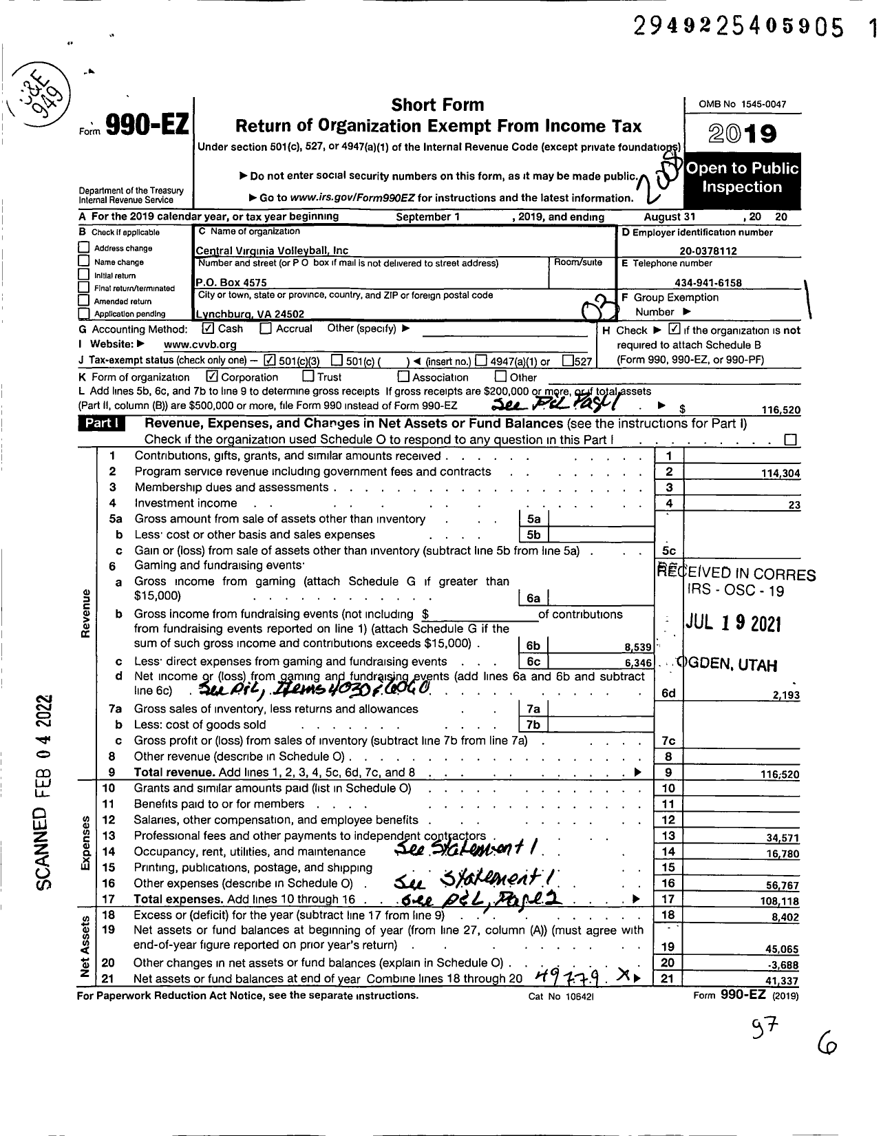 Image of first page of 2019 Form 990EZ for Central Virginia Volleyball