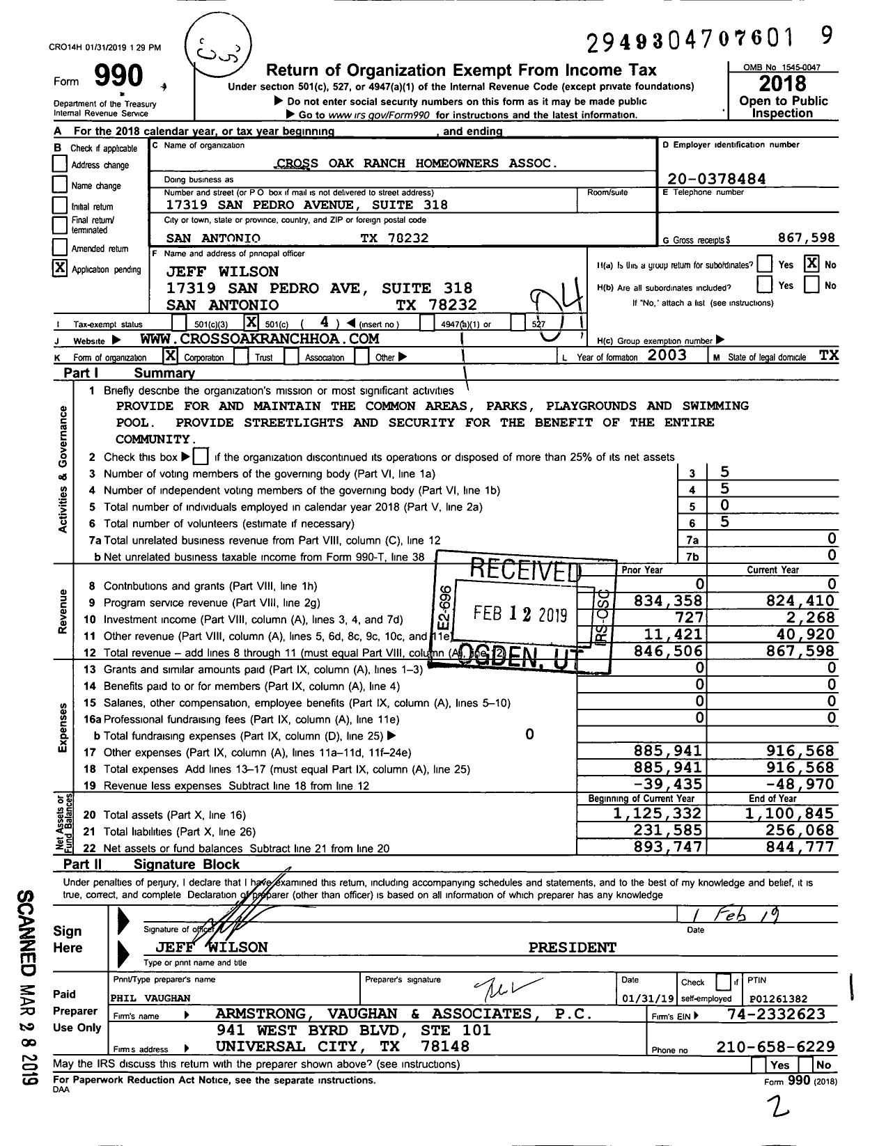 Image of first page of 2018 Form 990 for Cross Oak Ranch Homeowners Association