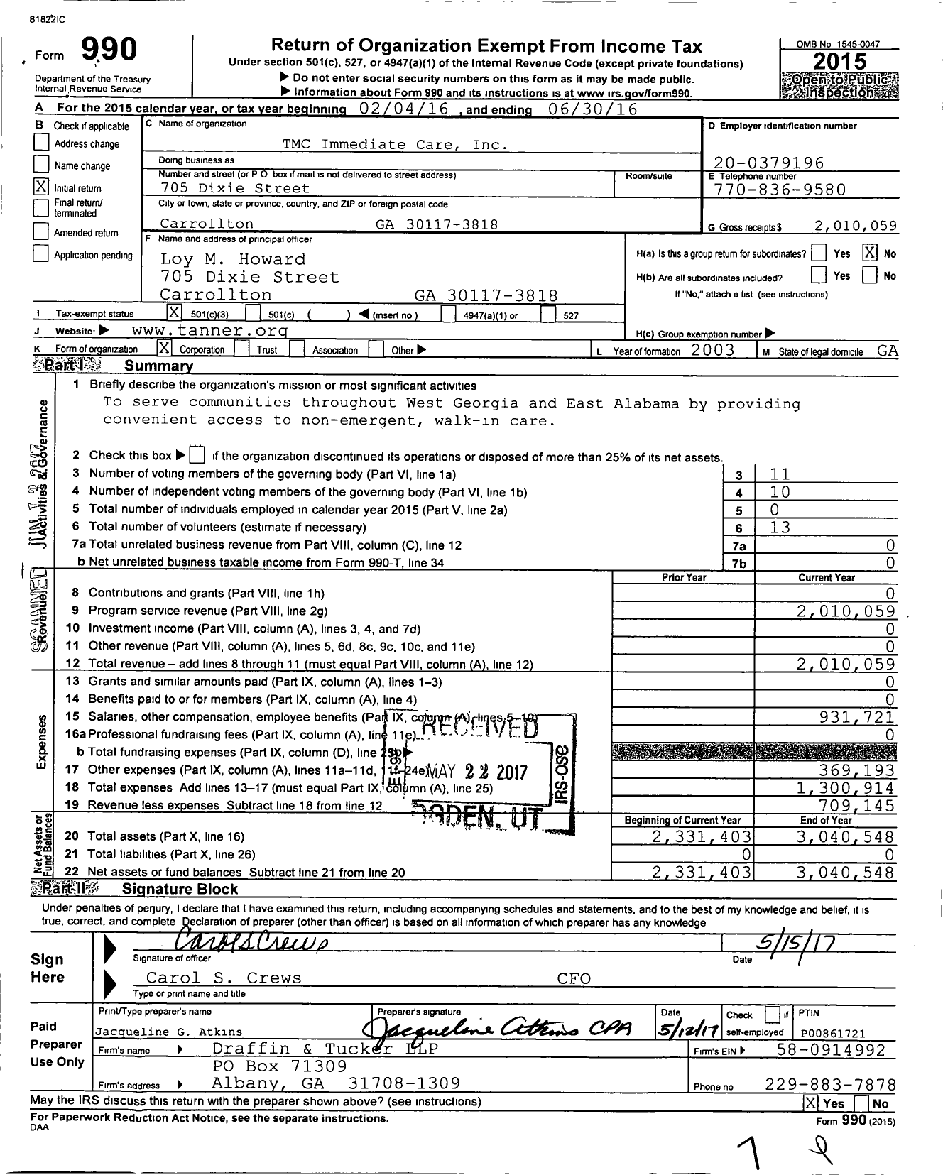 Image of first page of 2015 Form 990 for TMC Immediate Care