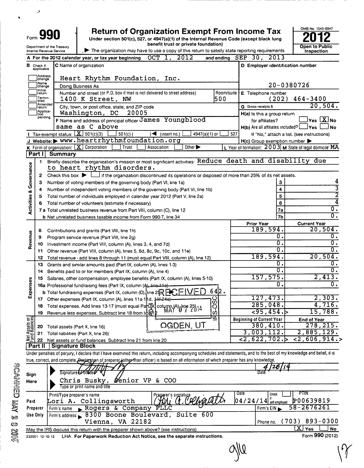 Image of first page of 2012 Form 990 for Heart Rhythm Foundation