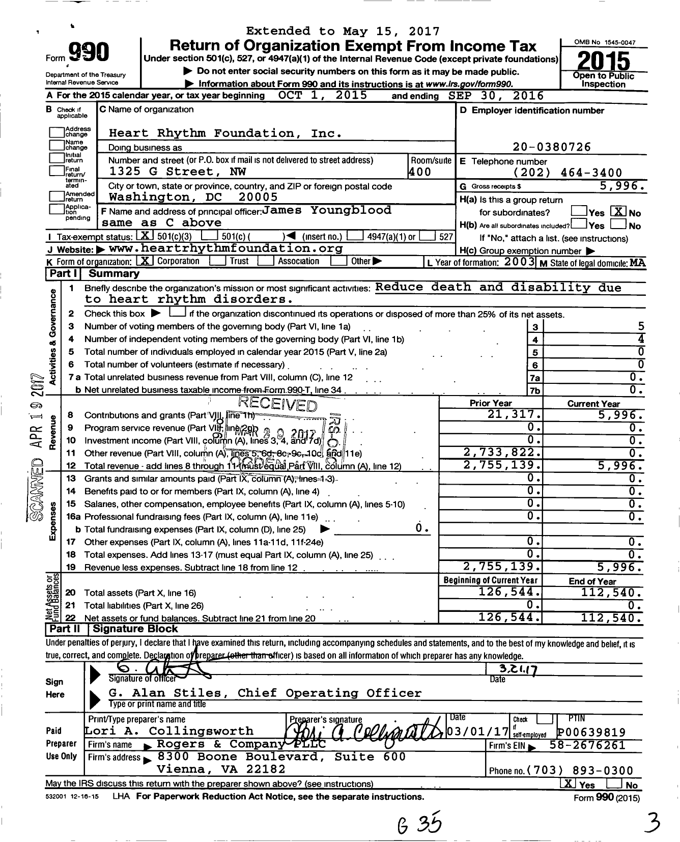 Image of first page of 2015 Form 990 for Heart Rhythm Foundation