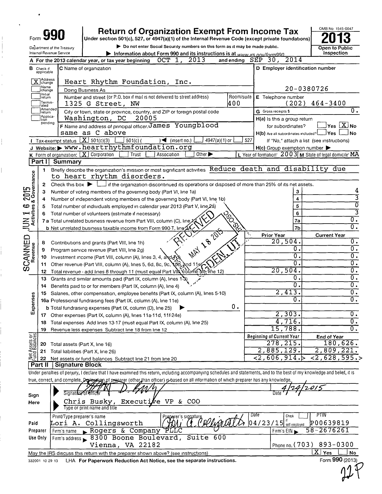 Image of first page of 2013 Form 990 for Heart Rhythm Foundation