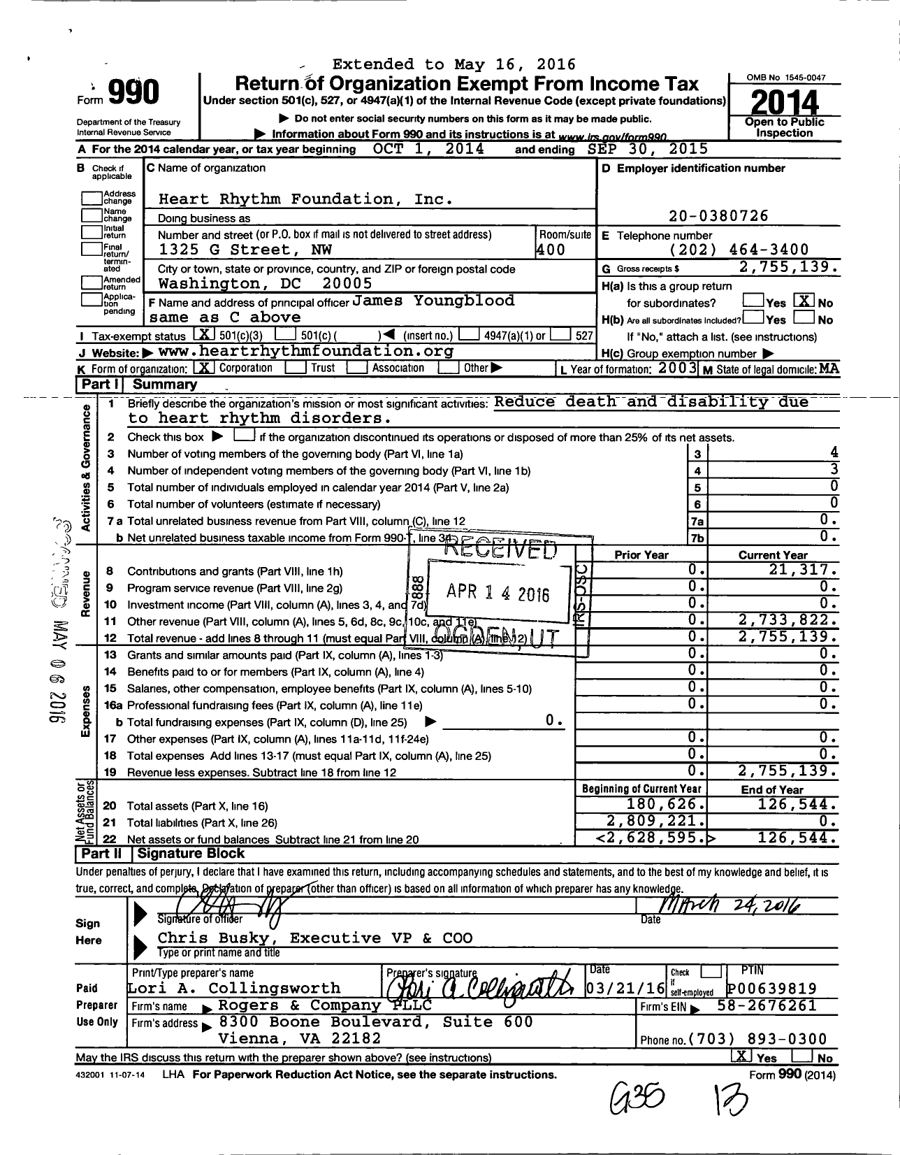 Image of first page of 2014 Form 990 for Heart Rhythm Foundation