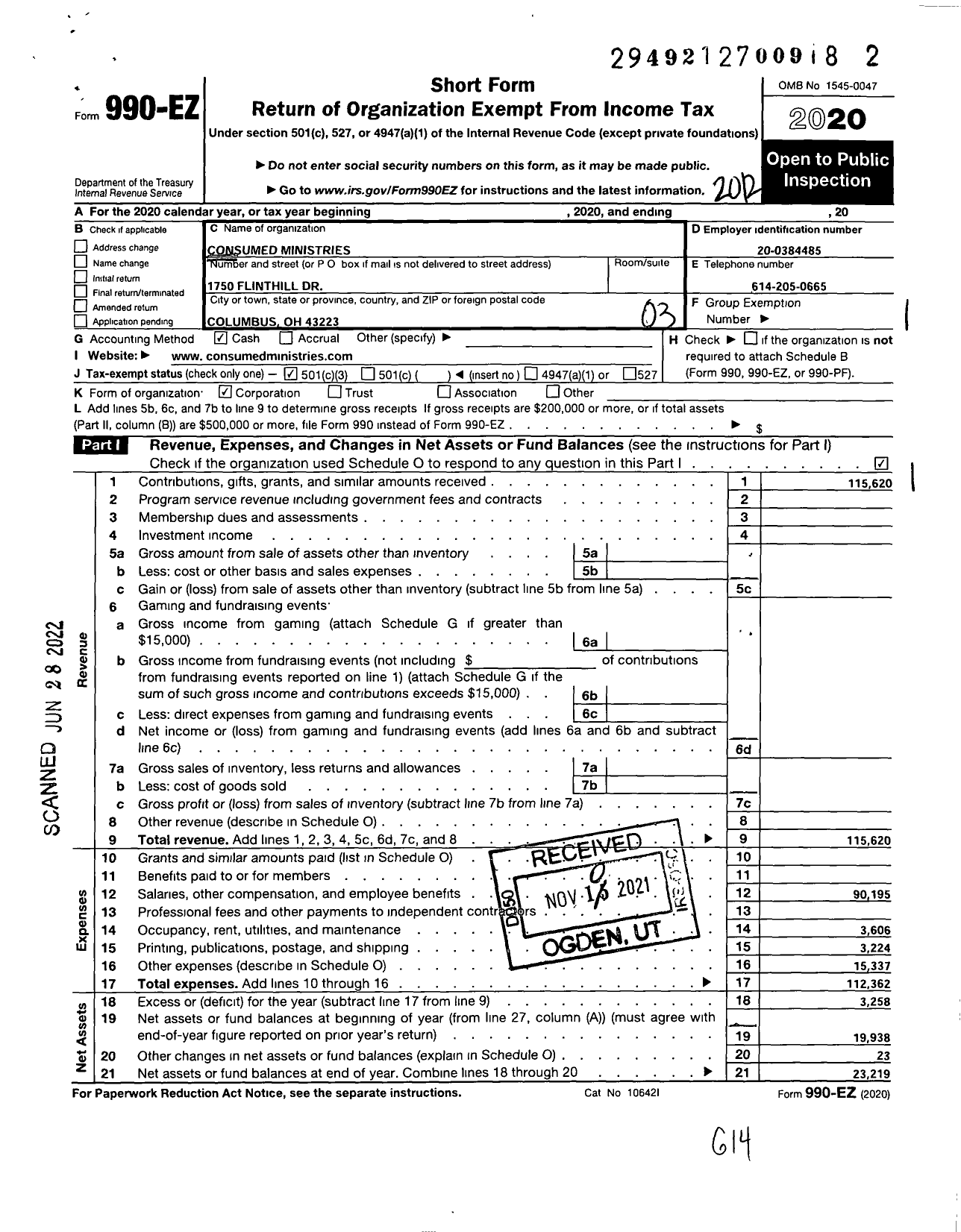 Image of first page of 2020 Form 990EZ for Consumed Ministries