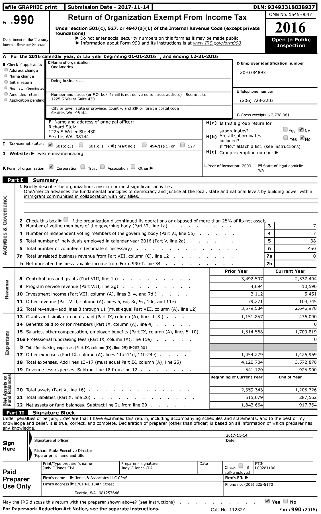Image of first page of 2016 Form 990 for OneAmerica