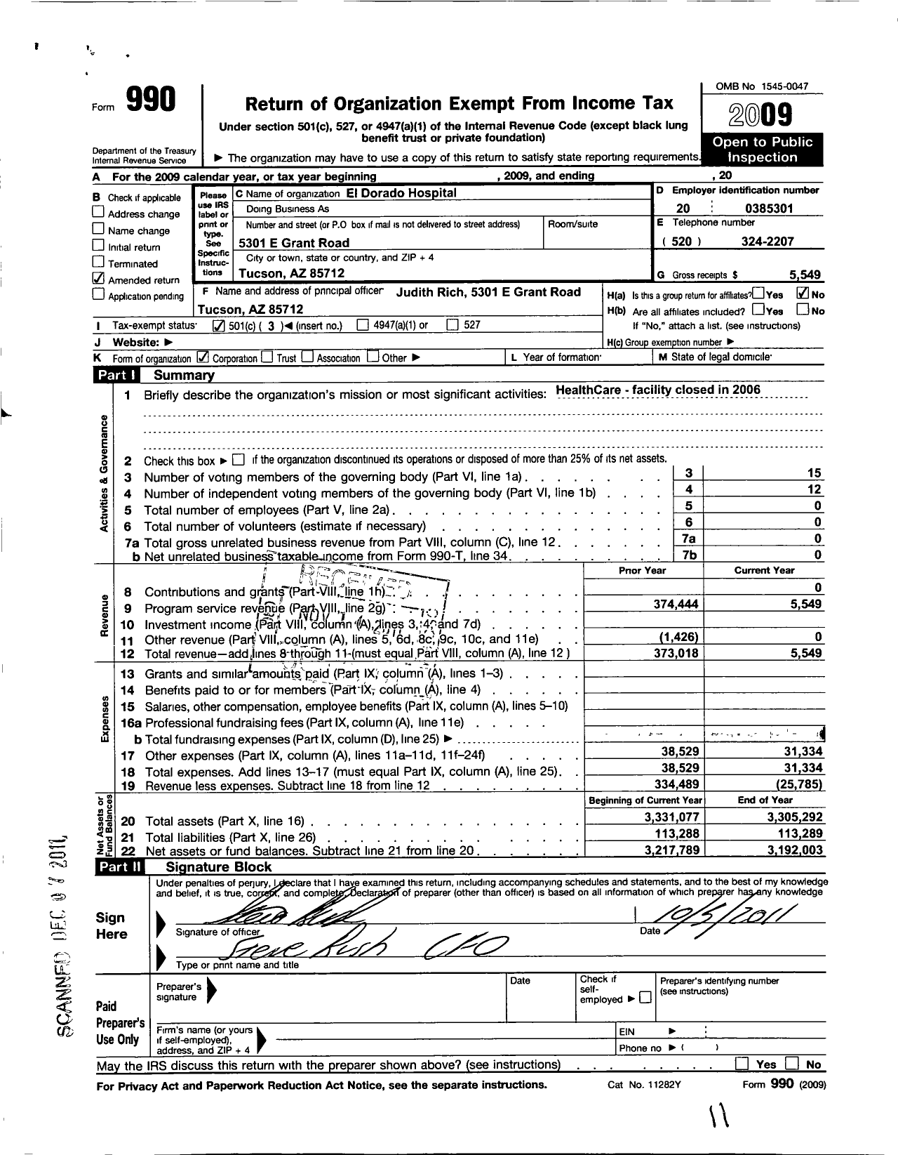 Image of first page of 2009 Form 990 for Southern Arizona Hospital Alliance