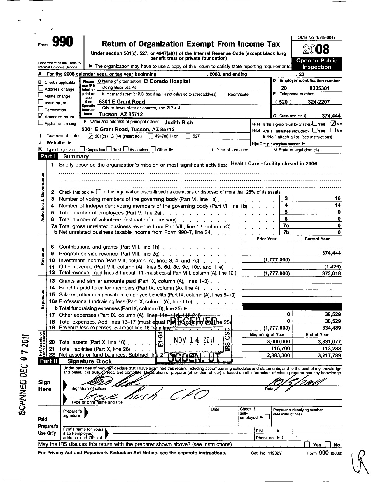 Image of first page of 2008 Form 990 for Southern Arizona Hospital Alliance