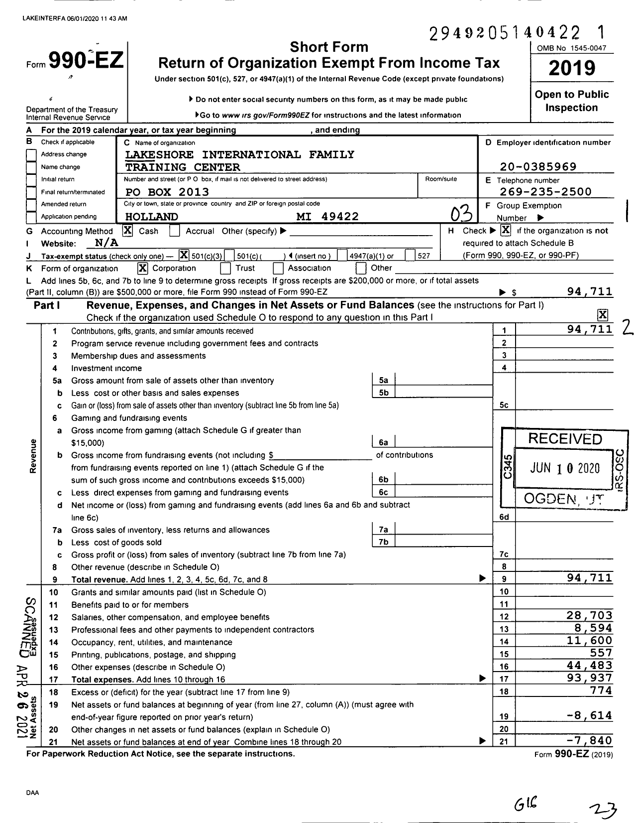 Image of first page of 2019 Form 990EZ for Lakeshore International Family Training Center