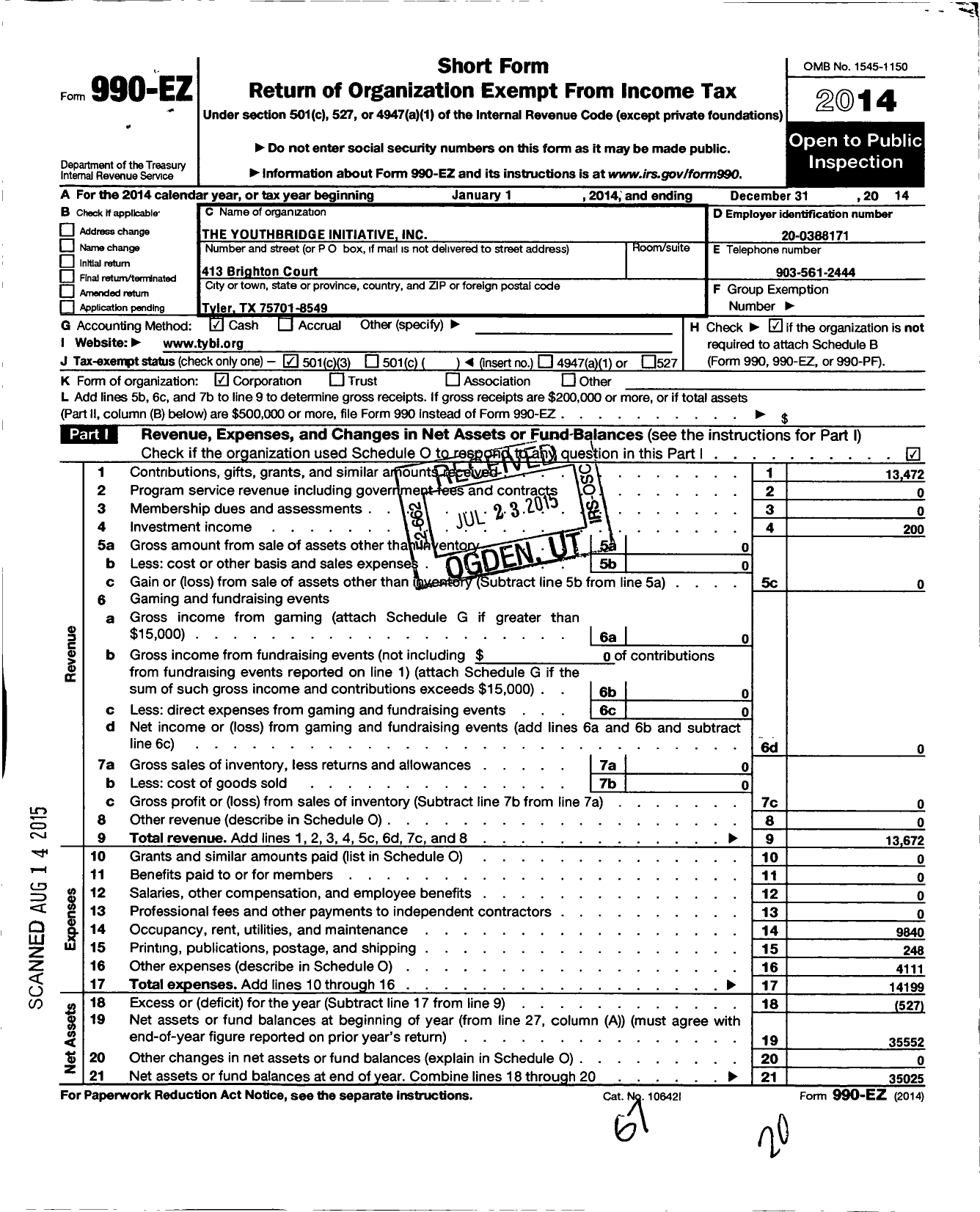 Image of first page of 2014 Form 990EZ for Youthbridge Initiative