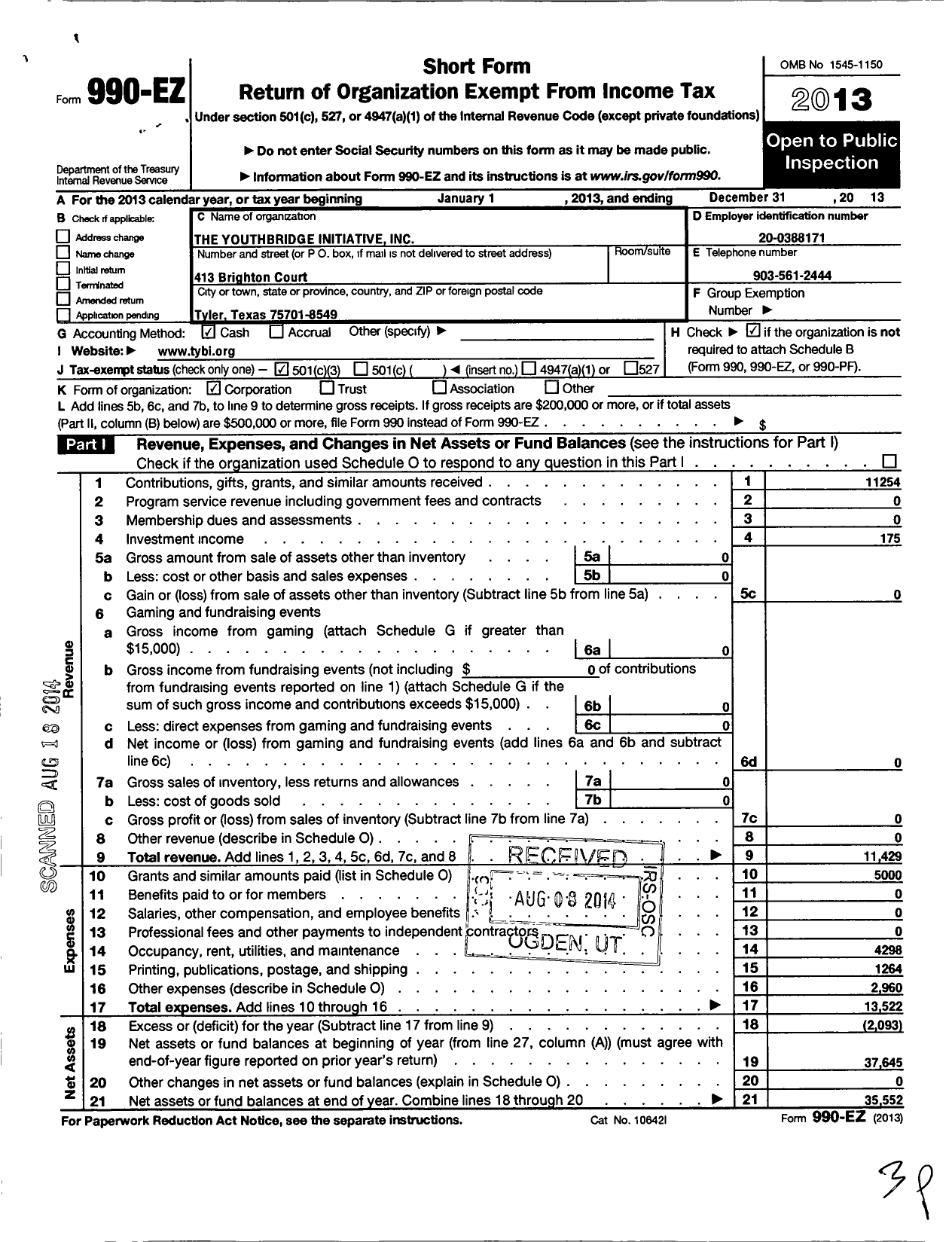 Image of first page of 2013 Form 990EZ for Youthbridge Initiative