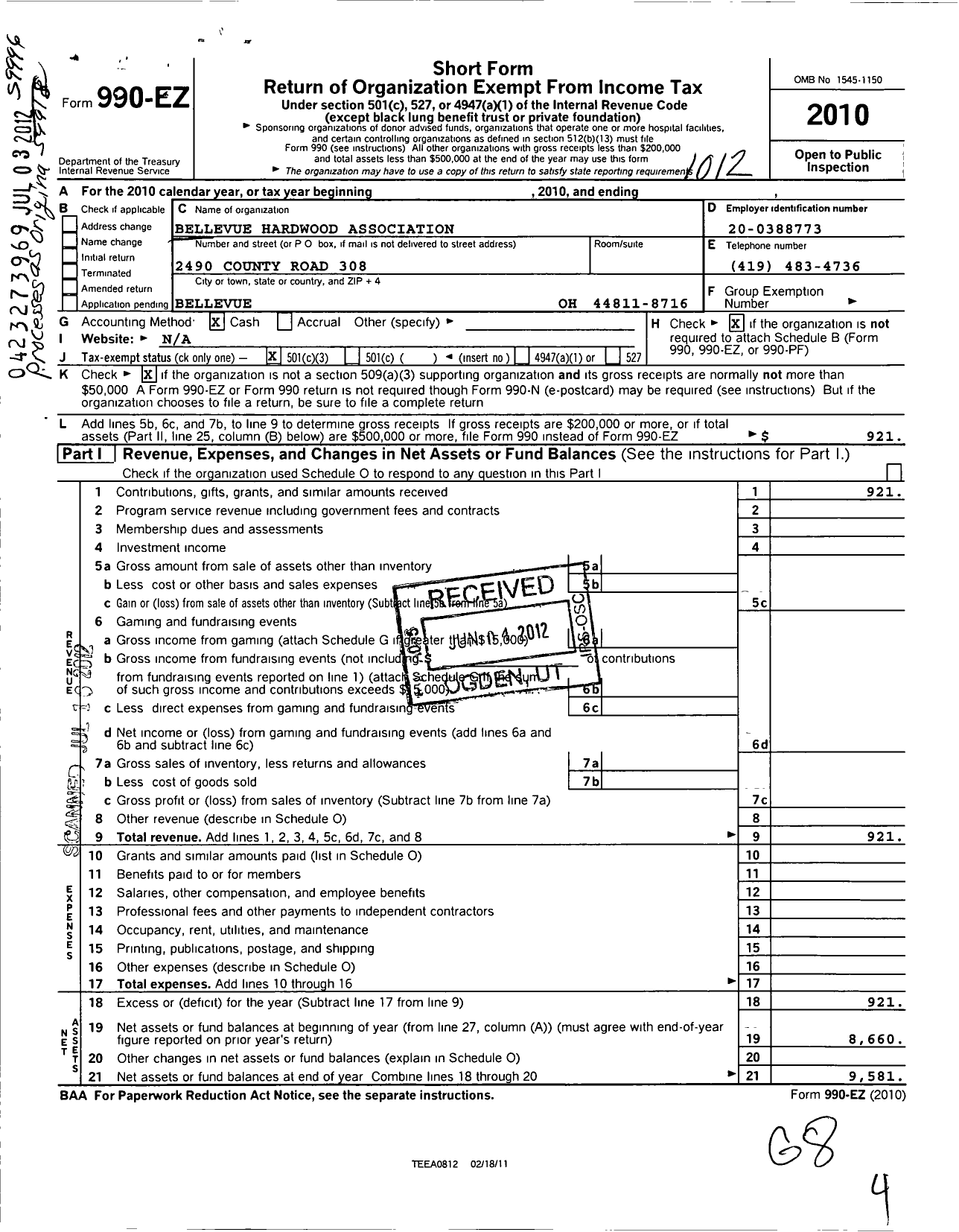 Image of first page of 2010 Form 990EZ for Bellevue Hardwood Association