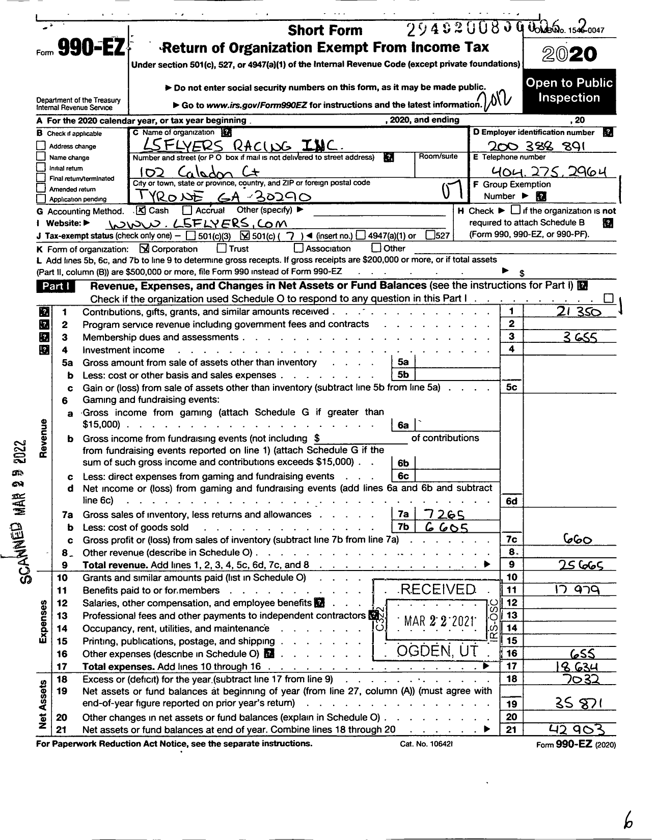 Image of first page of 2020 Form 990EO for L5flyers Racing