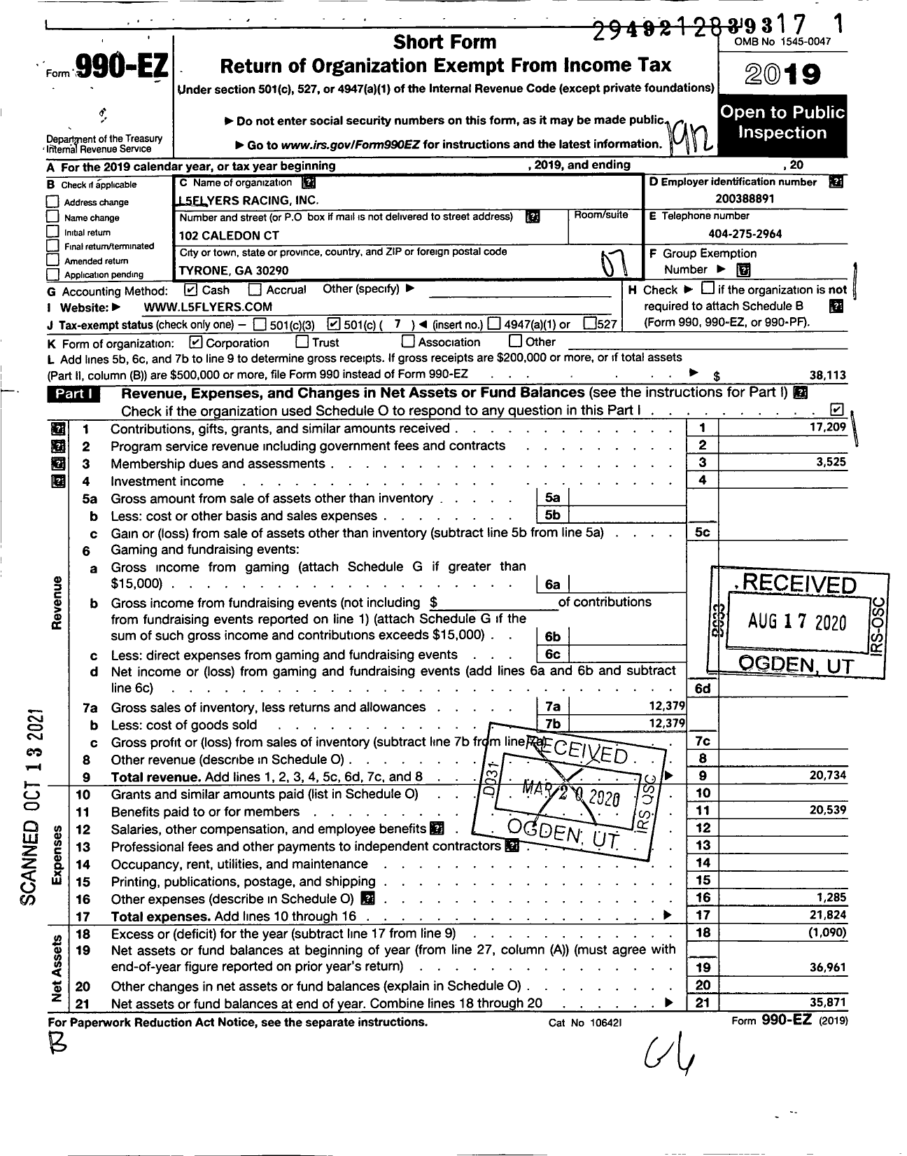 Image of first page of 2019 Form 990EO for L5flyers Racing