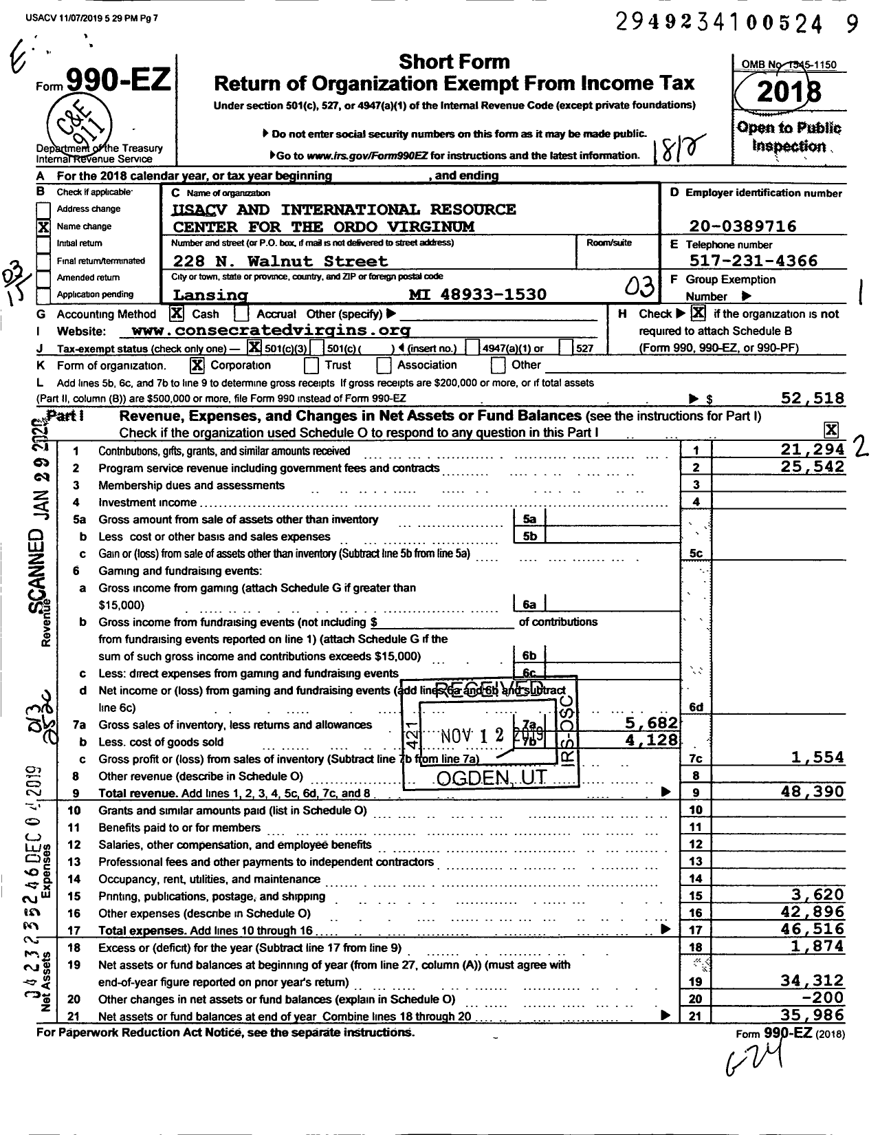 Image of first page of 2018 Form 990EZ for Usacv and International Resource Center for the Ordo Virginum