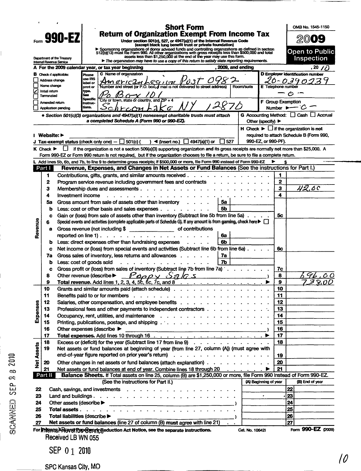 Image of first page of 2010 Form 990EO for American Legion - 0982 Post Number