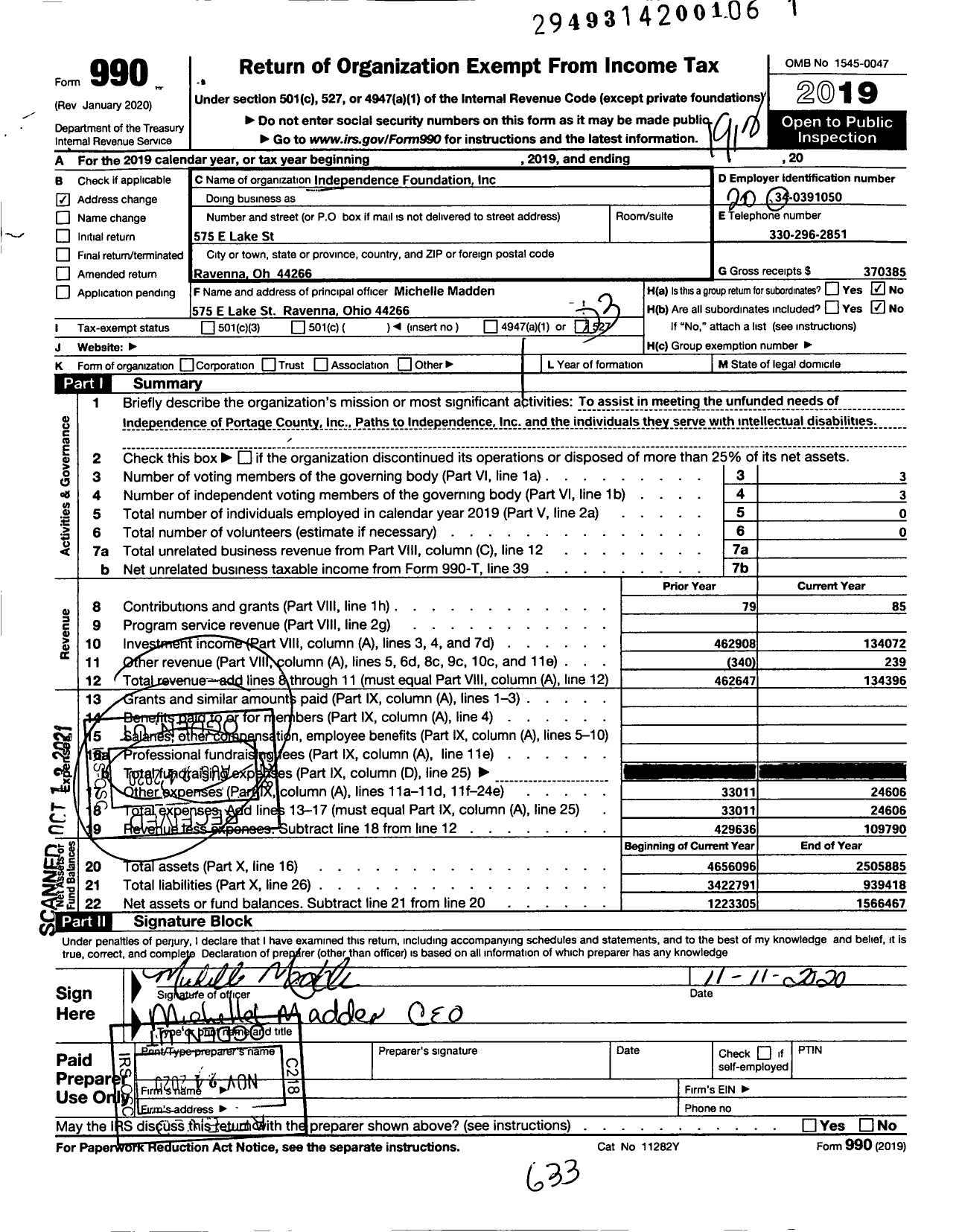 Image of first page of 2019 Form 990 for Independence Foundation